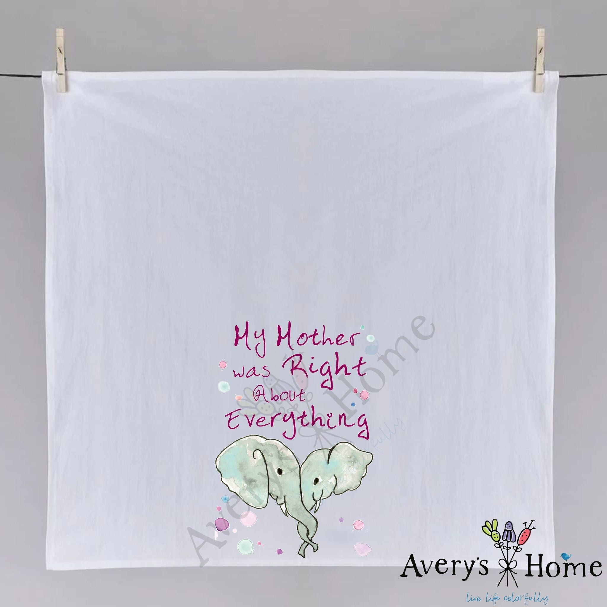 Moms are Always Right Elephant dish towel hanging in the kitchen