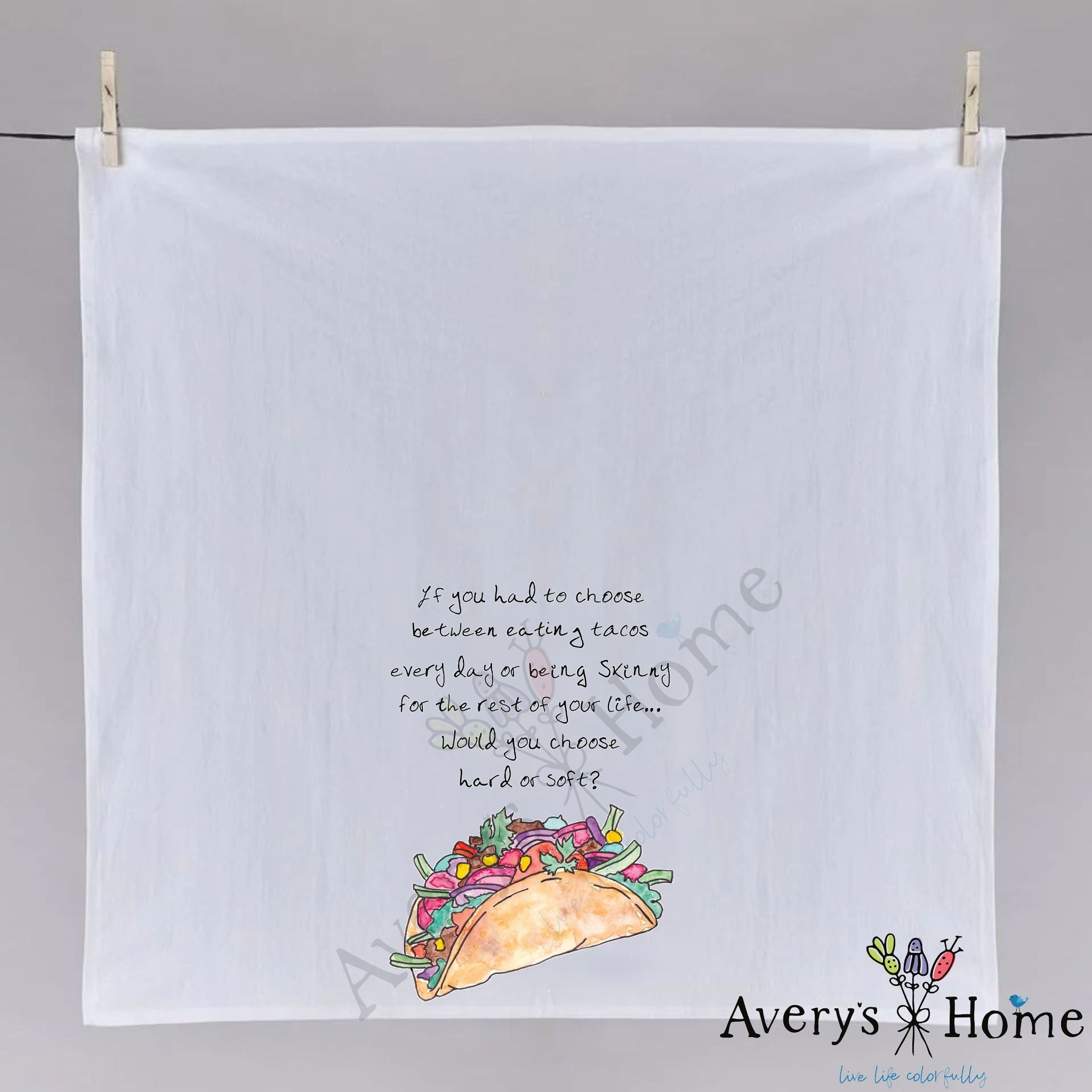 Tacos for Life dish towel folded, hemmed on all four sides