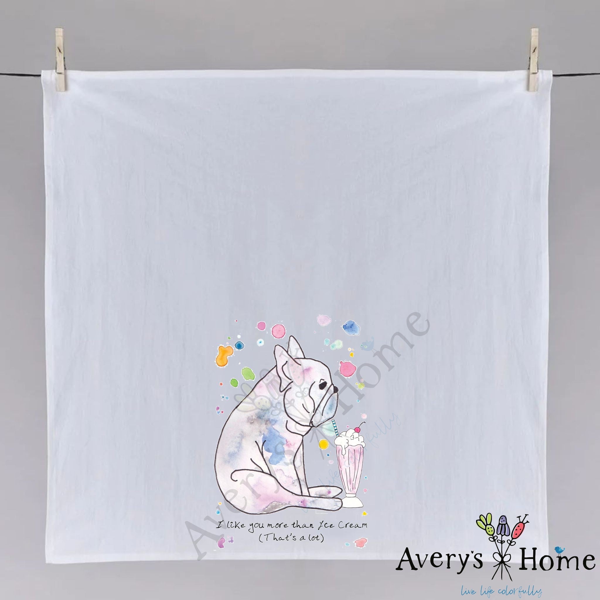 Love You More Than Ice Cream dish towel hanging in the kitchen