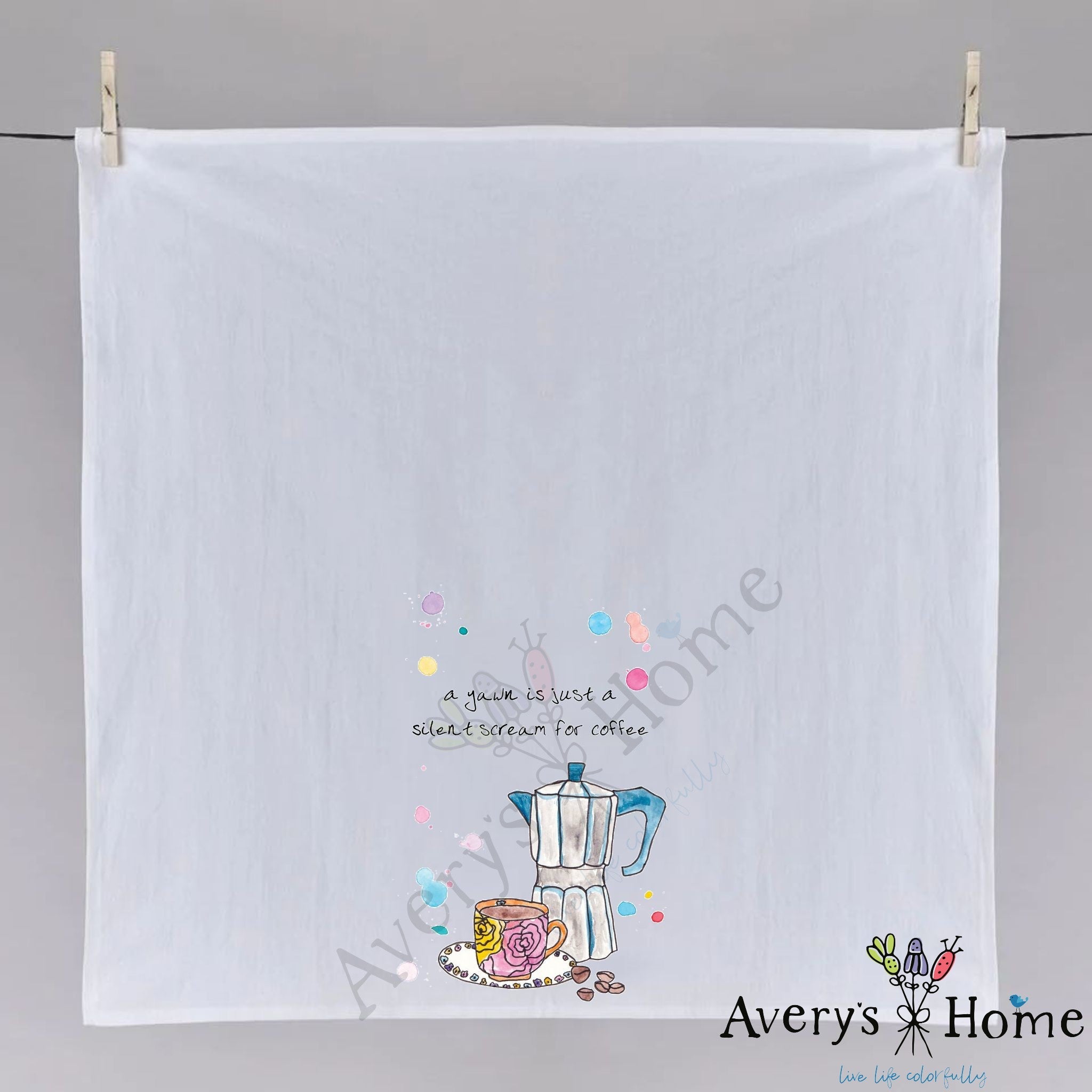 I Need Coffee dish towel fully open, 27x27 flour sack cotton