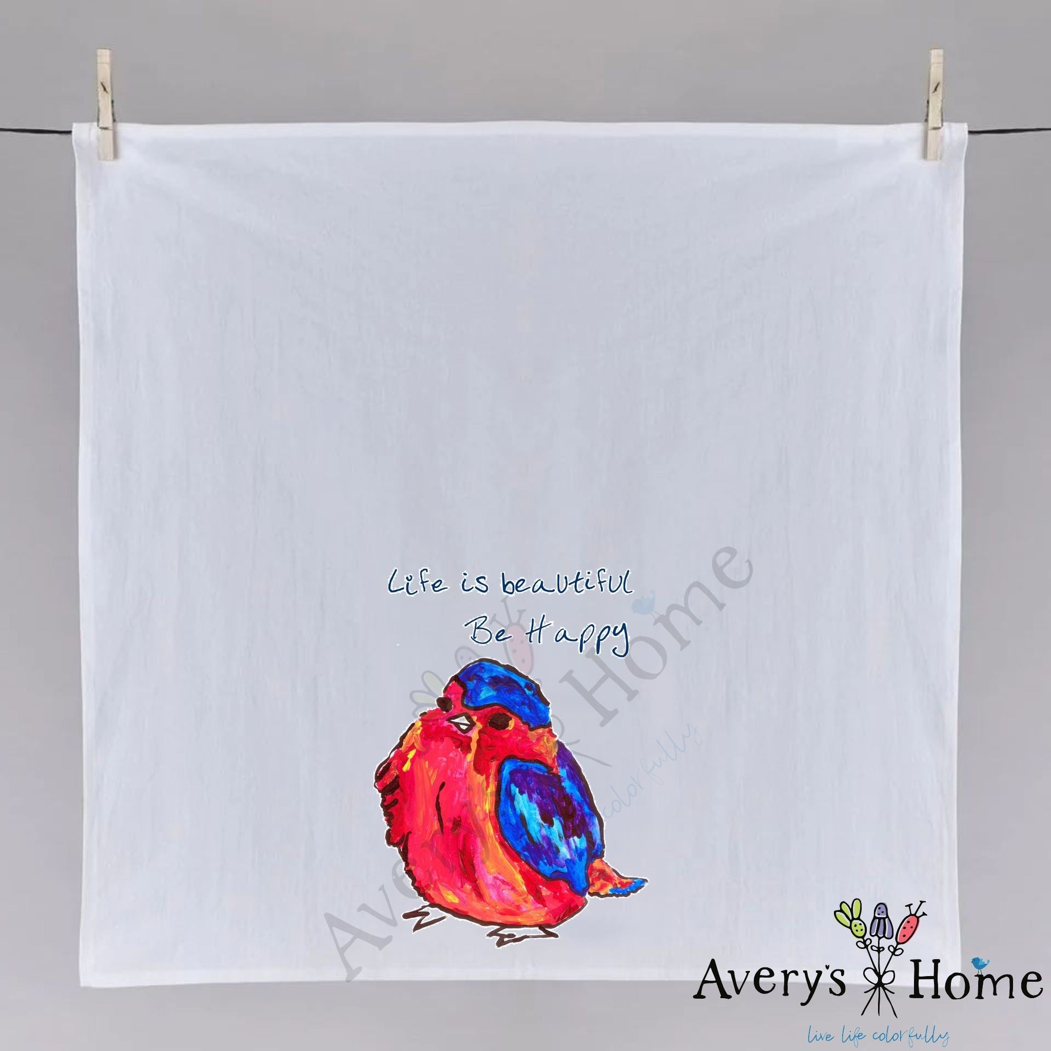 Life is Beautiful Bird dish towel, 27x27 flour sack cotton