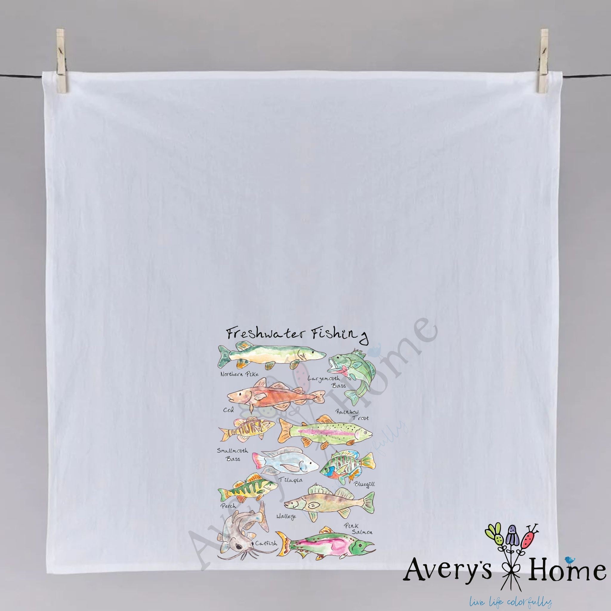 Freshwater Fishing dish towel hanging in the kitchen