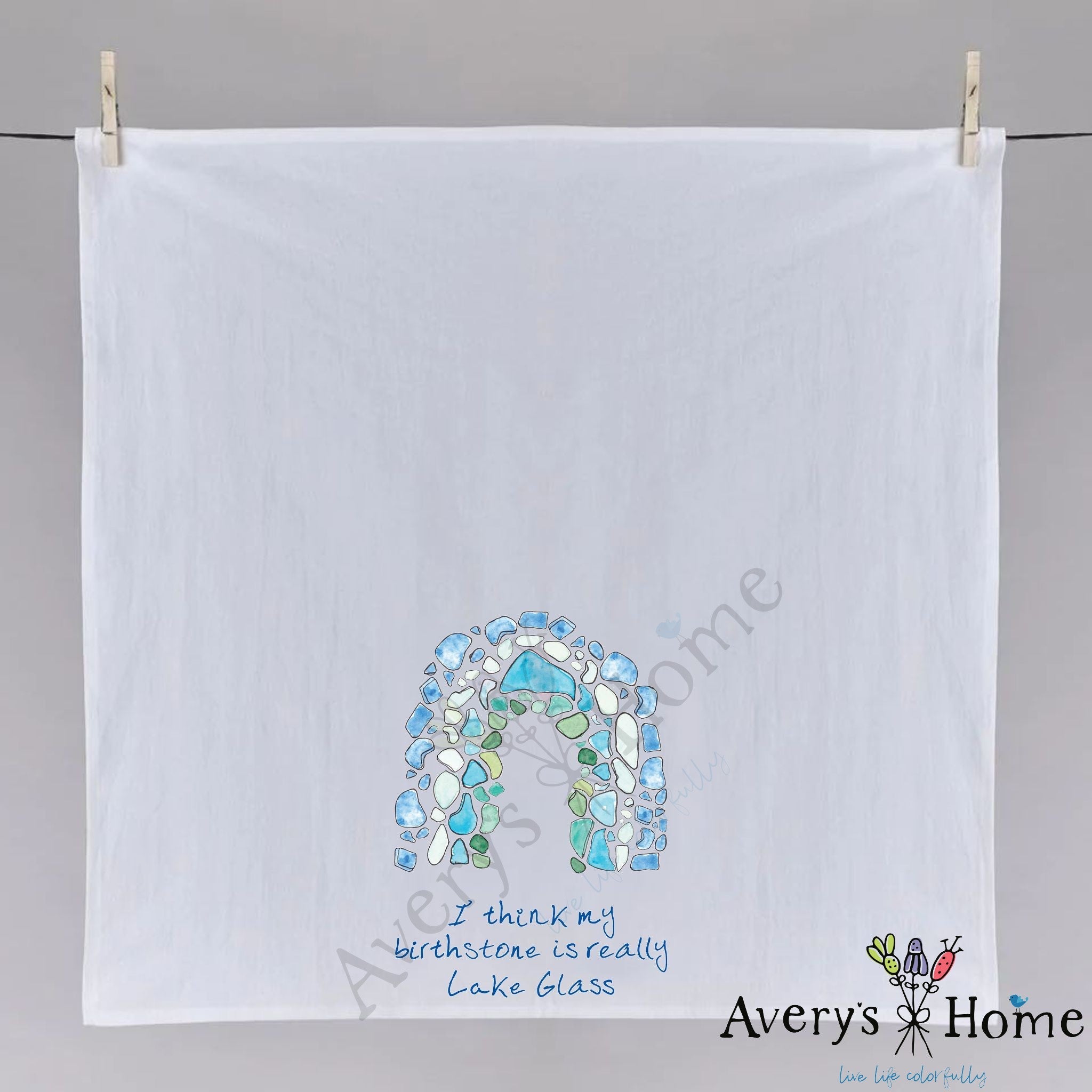 Lake Glass is My Birthstone dish towel hanging in the kitchen