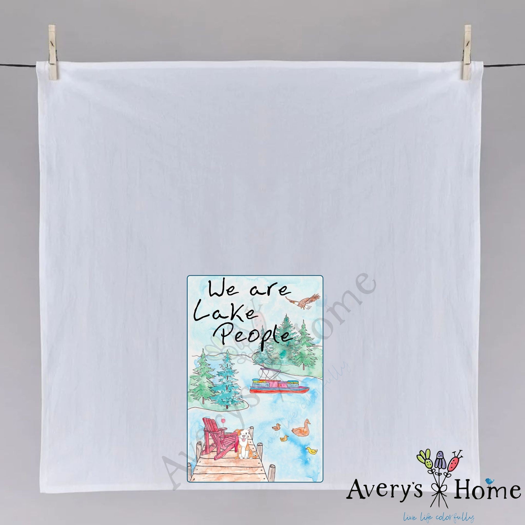 We are Lake People dish towel hanging in the kitchen