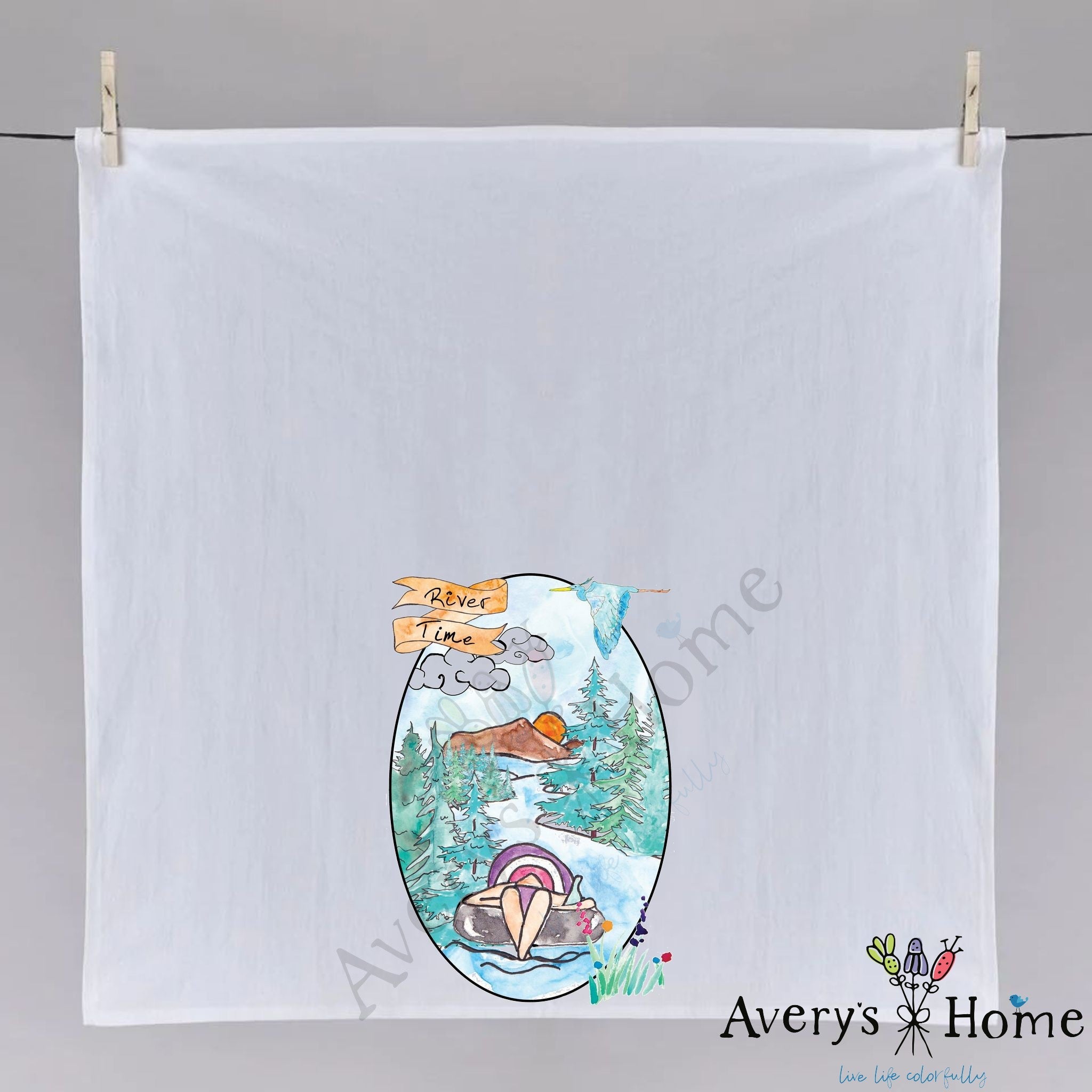 River Time dish towel folded, hemmed on all four sides