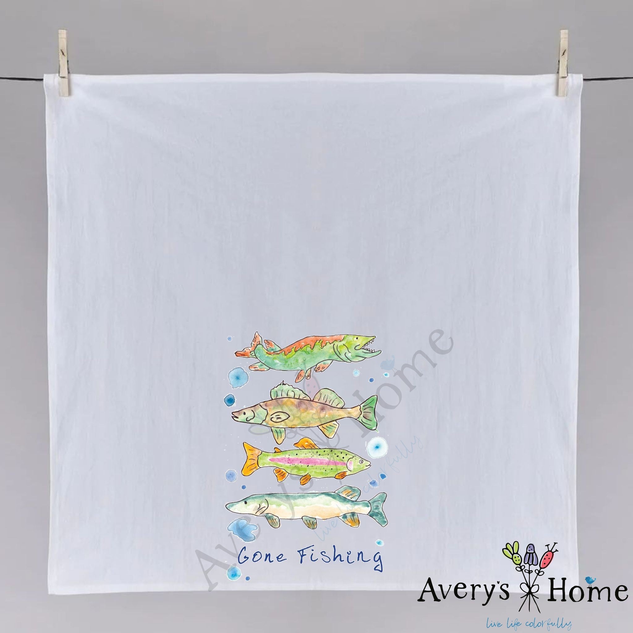 Gone Fishing dish towel hanging in the kitchen