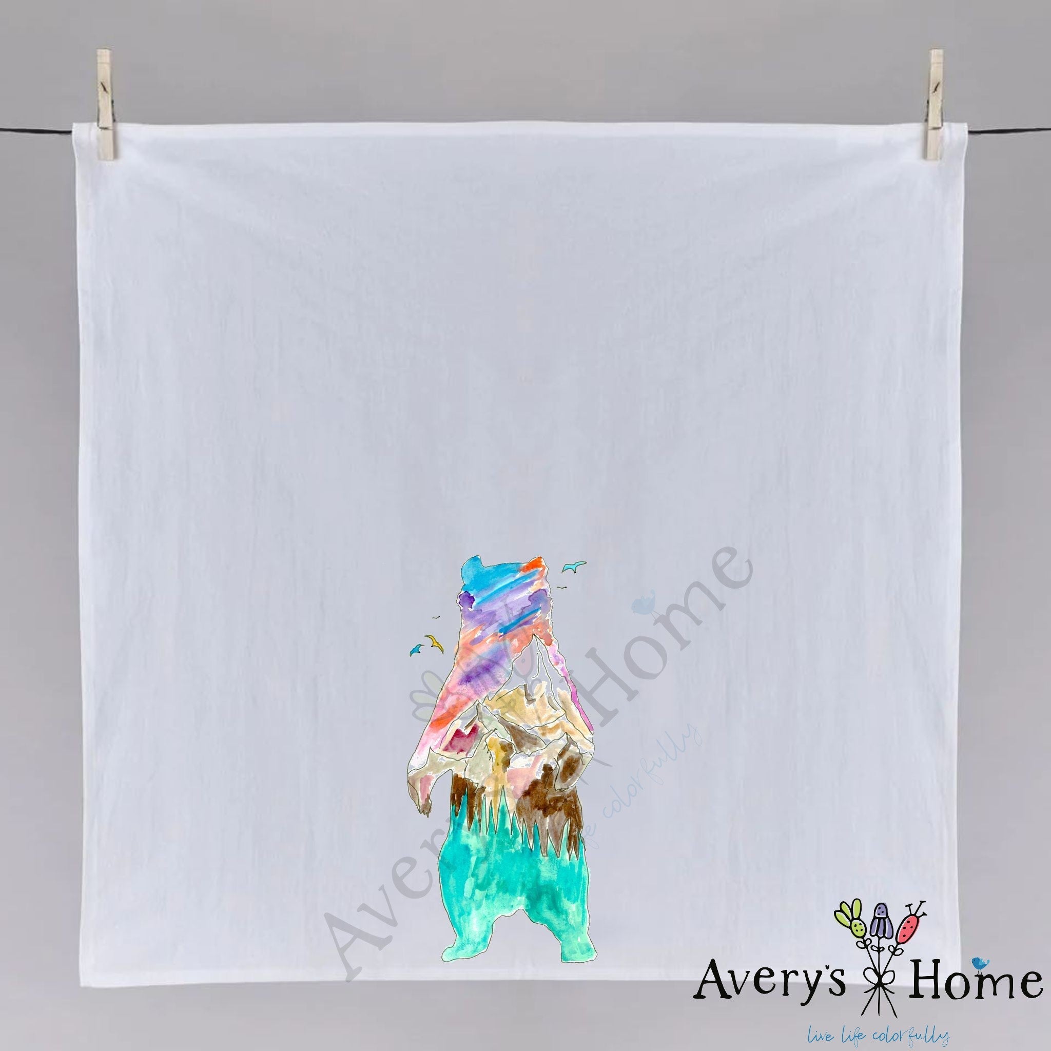Mountain Bear dish towel hanging in the kitchen