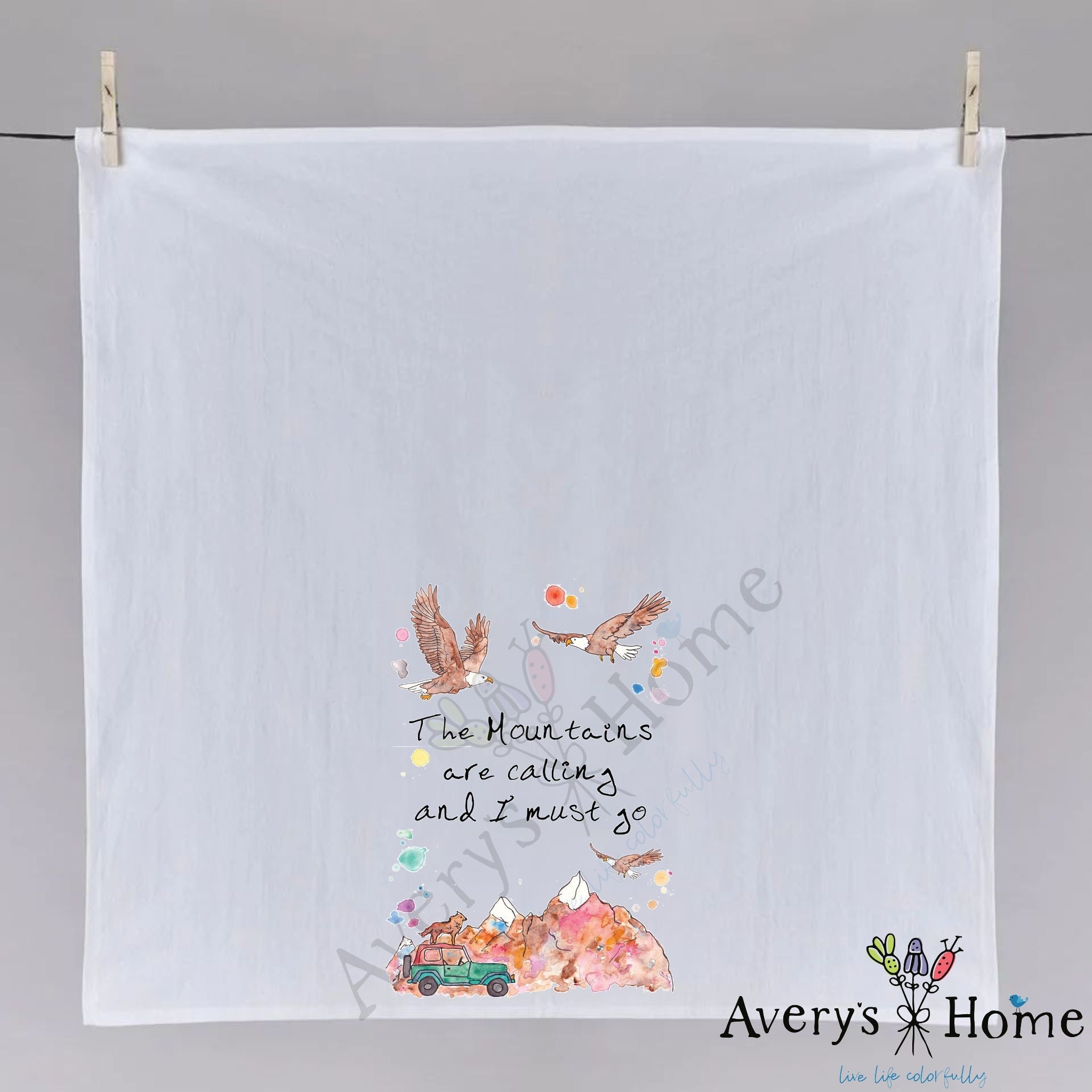 Mountains are Calling dish towel hanging in the kitchen