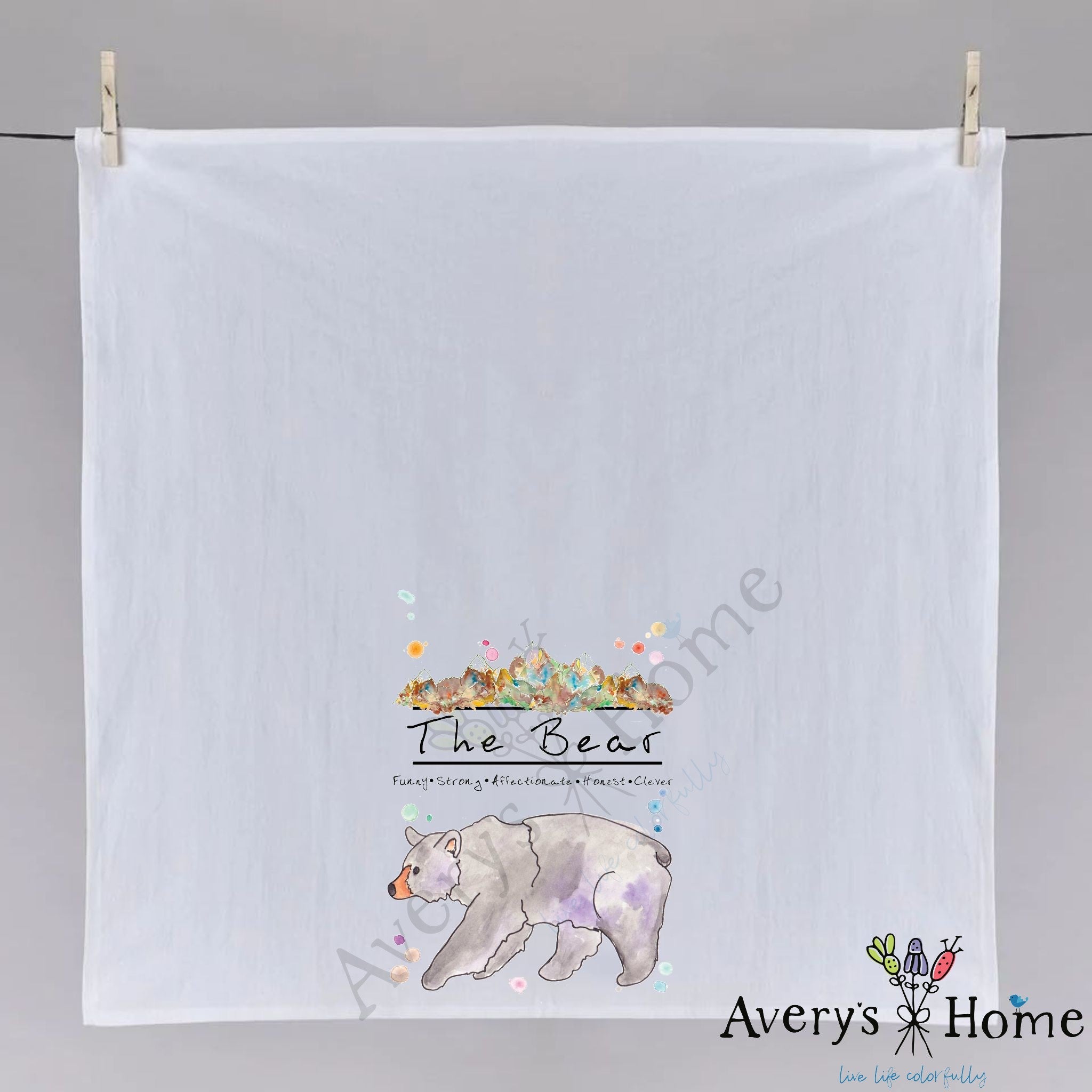 Mountain Black Bear dish towel hanging in the kitchen