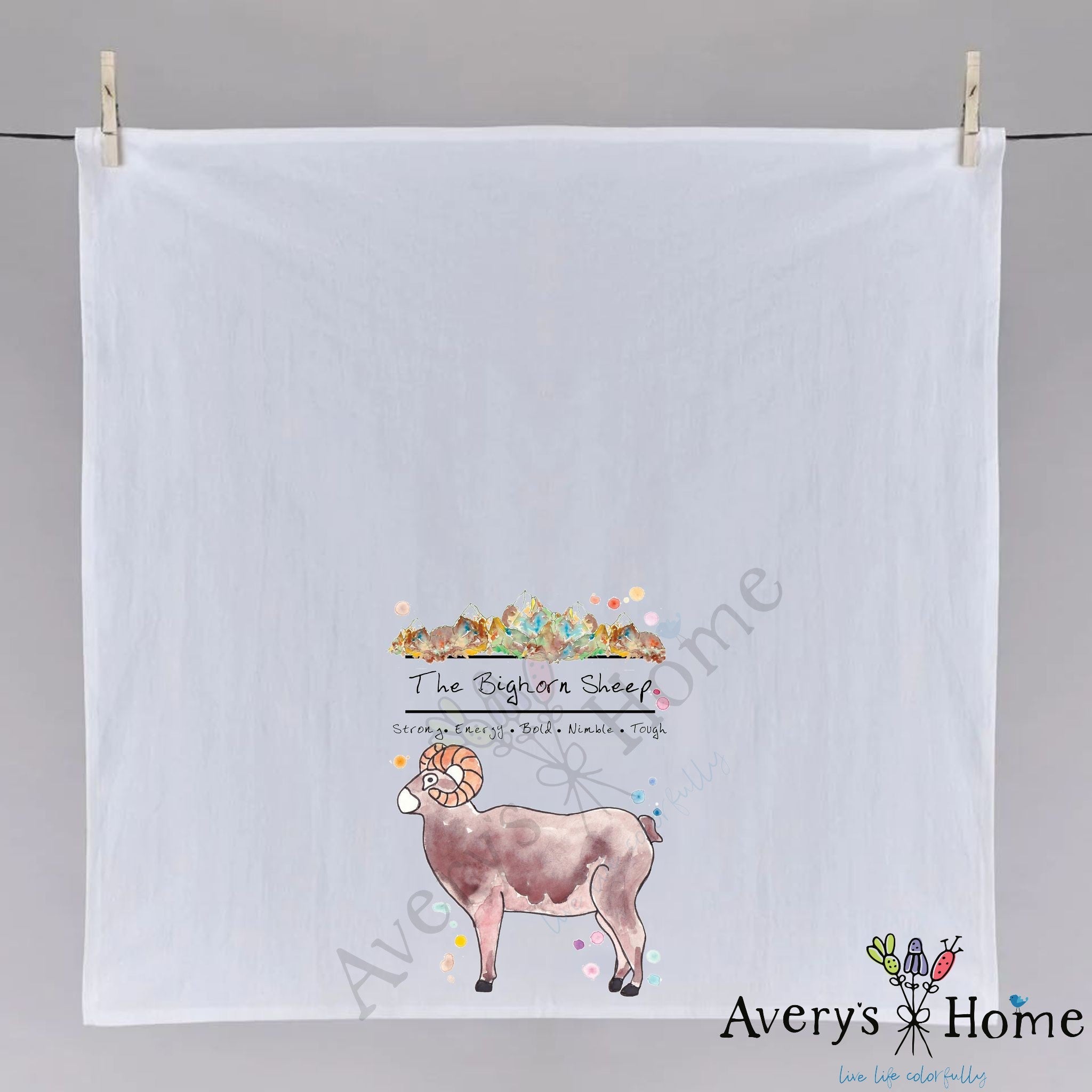 Mountain Bighorn Sheep dish towel hanging in the kitchen