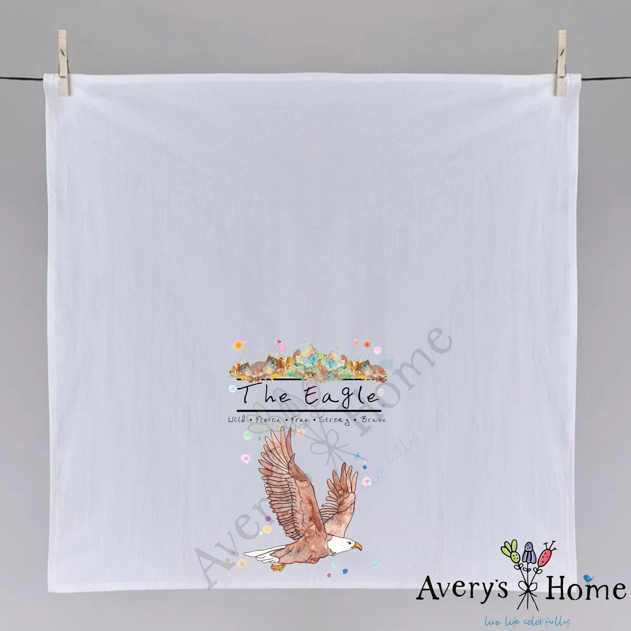 Mountain Bald Eagle dish towel hanging in the kitchen
