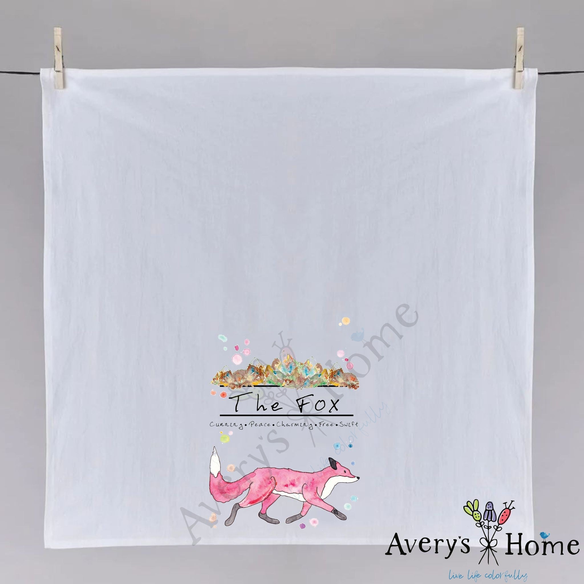 Mountain Fox dish towel hanging in the kitchen