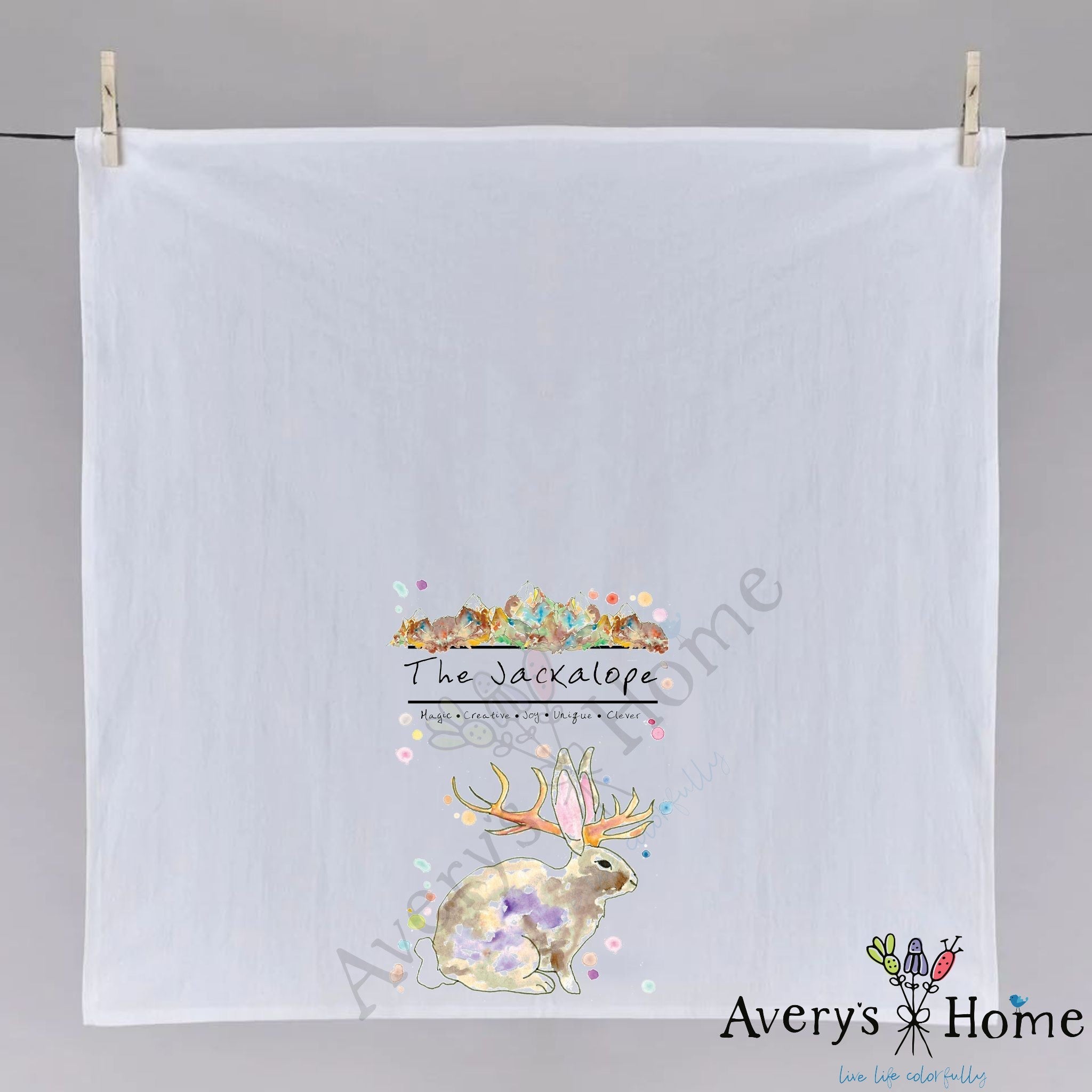 Mountain Jackalope dish towel hanging in the kitchen