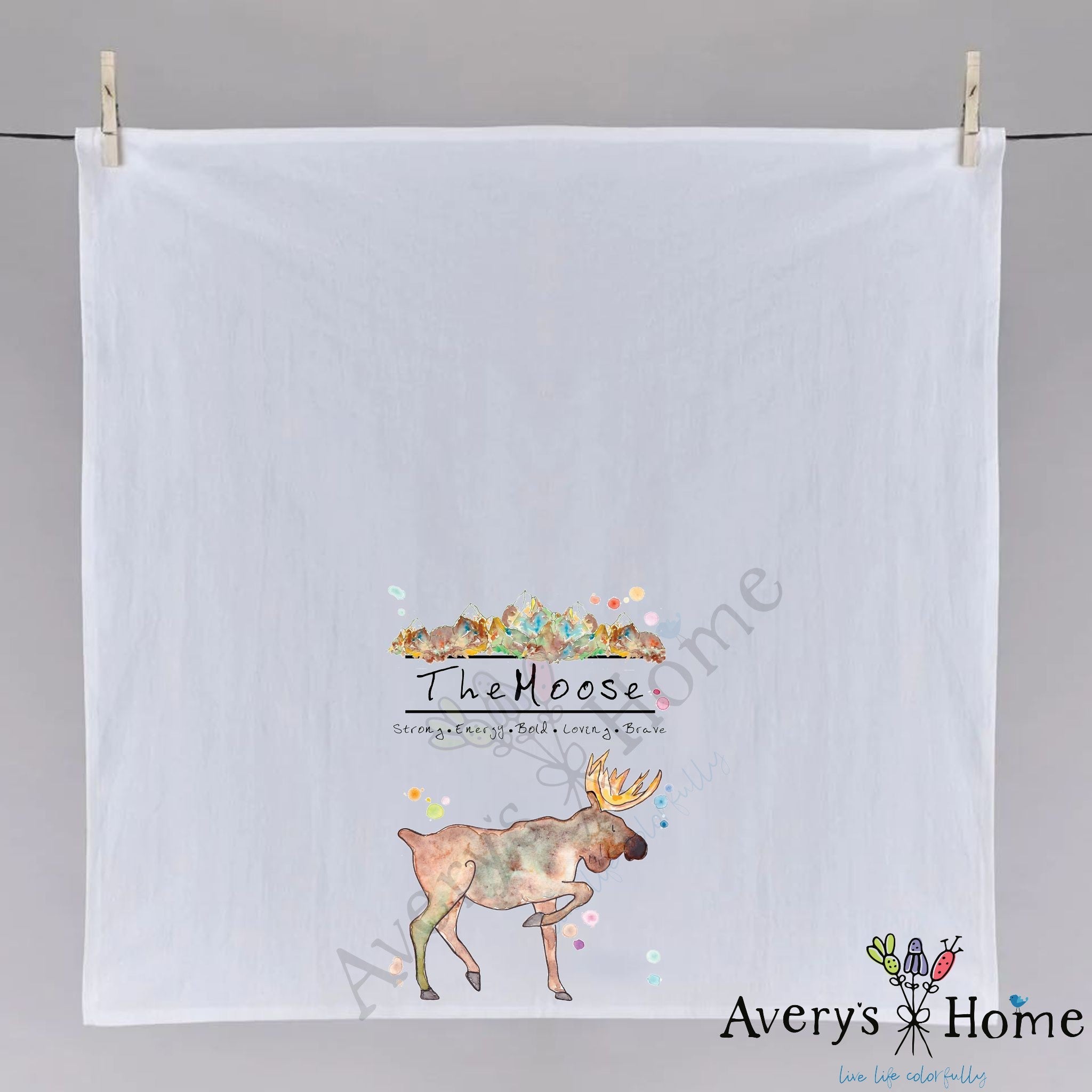 Mountain Moose dish towel hanging in the kitchen
