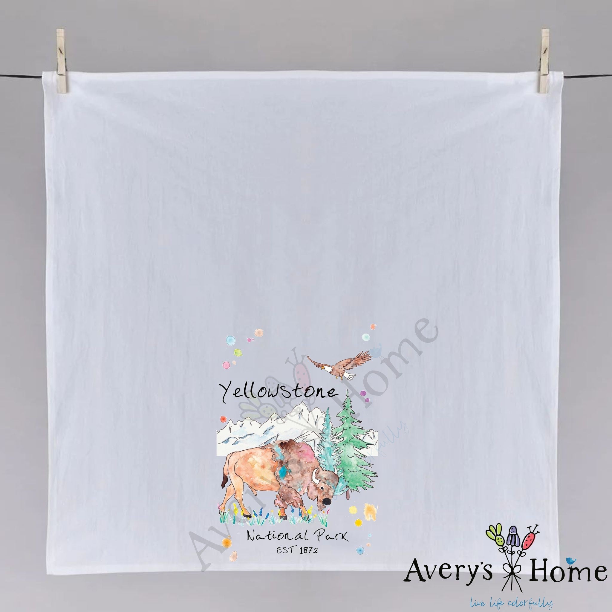 Yellowstone National Park dish towel hanging in the kitchen