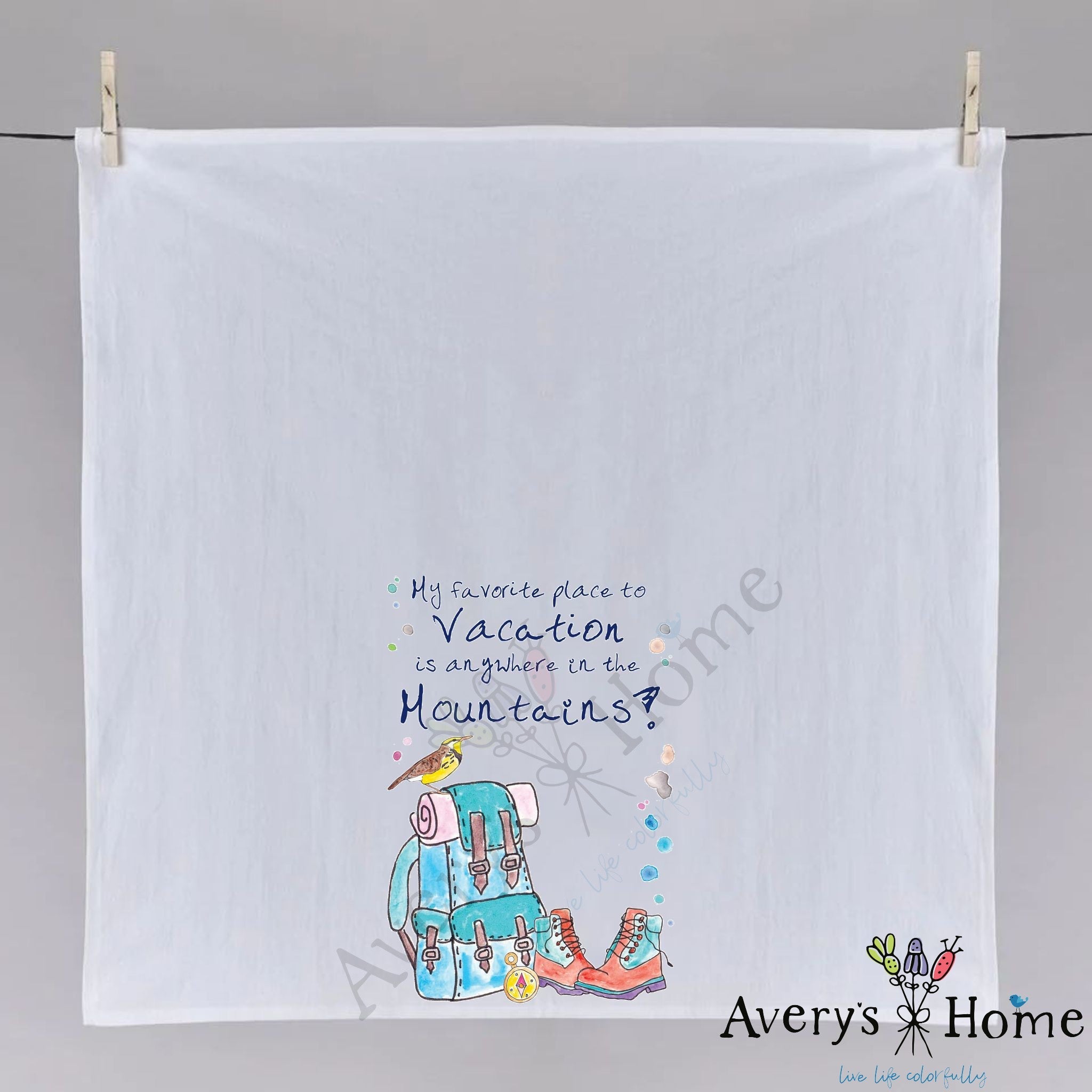 Summer Mountain Vacation dish towel folded, hemmed on all four sides