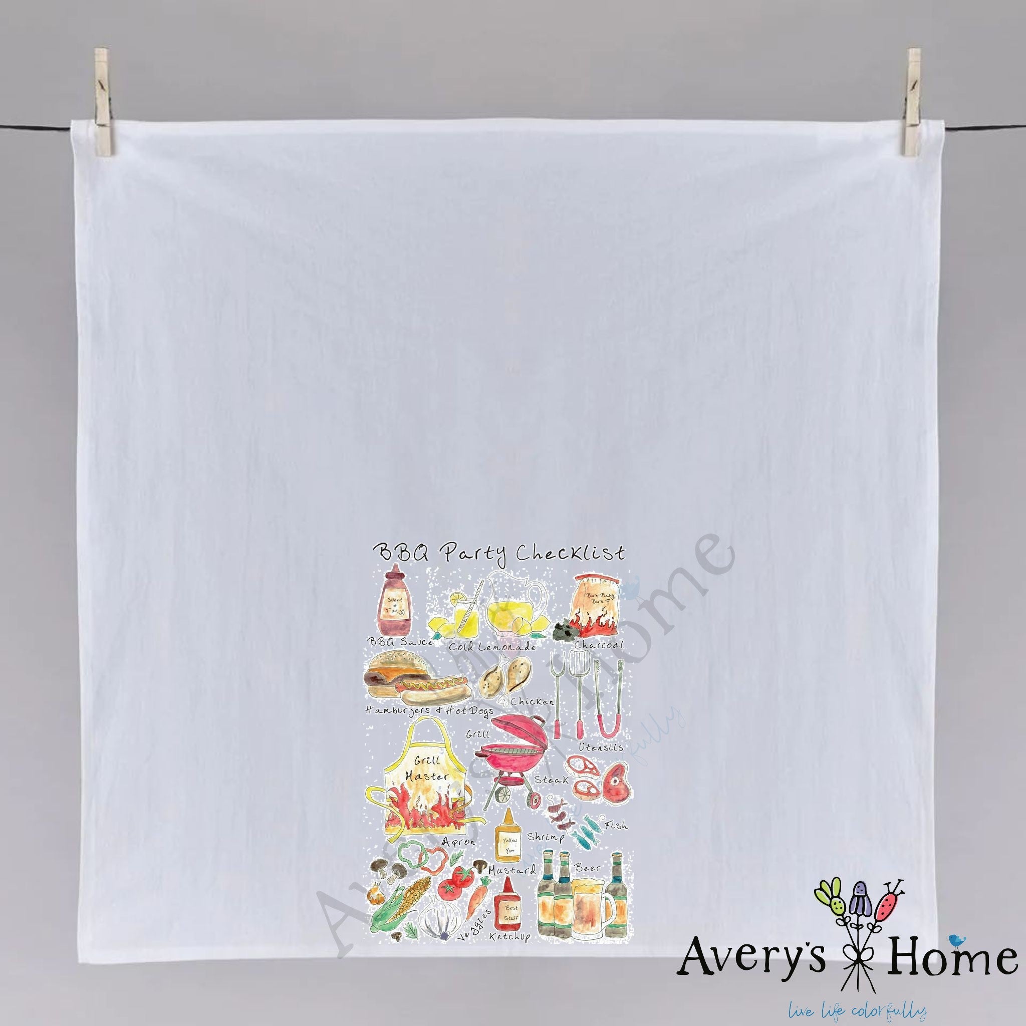 BBQ Party Checklist dish towel hanging in the kitchen