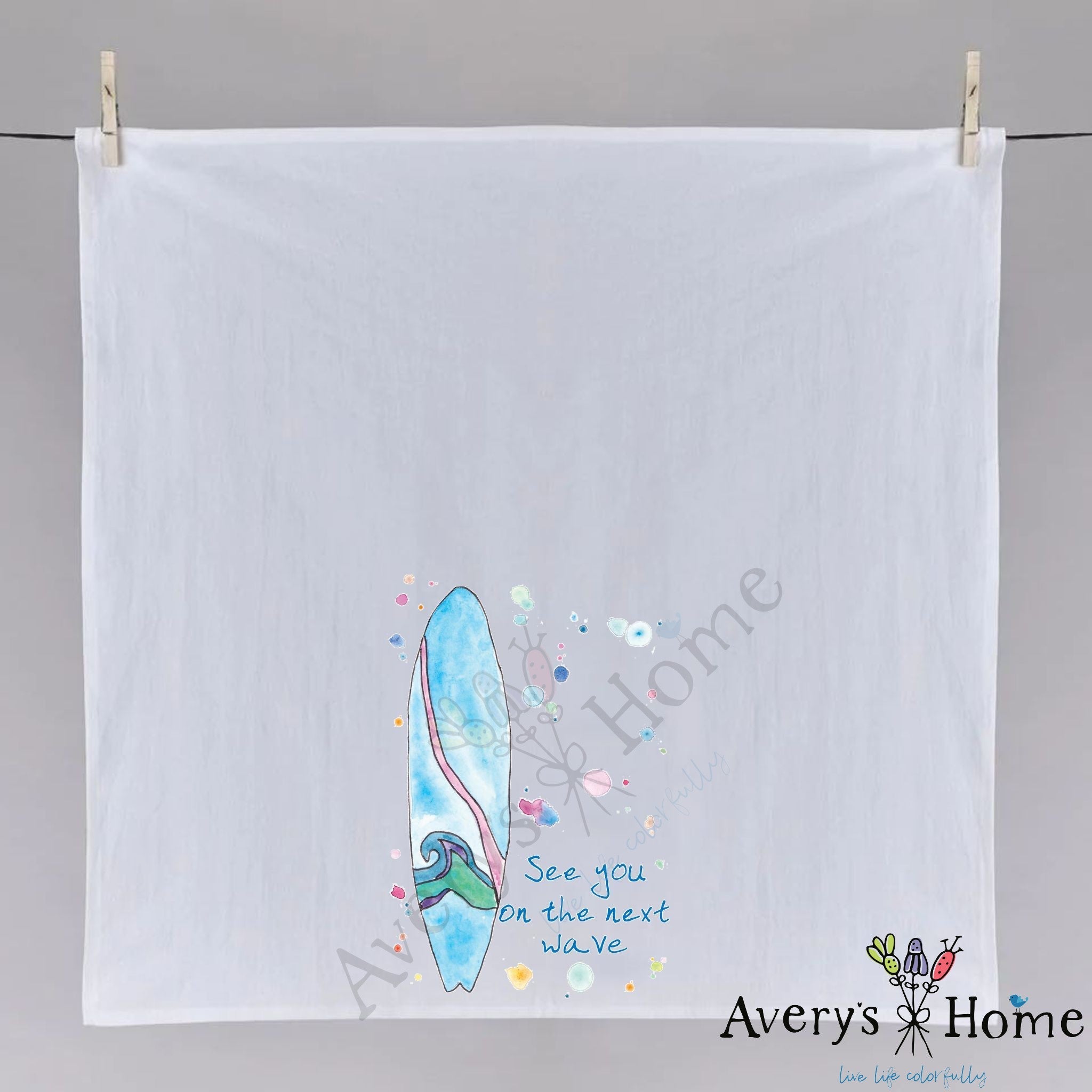 Surfing Next Wave dish towel folded, hemmed on all four sides