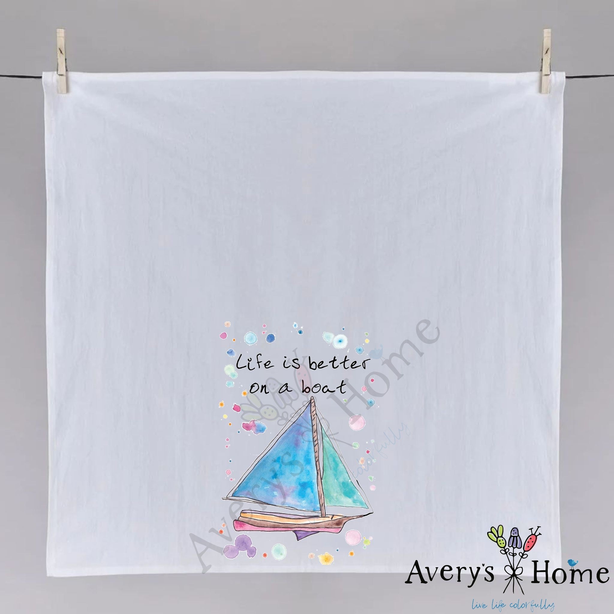 Life is Better on a Boat dish towel folded, hemmed on all four sides
