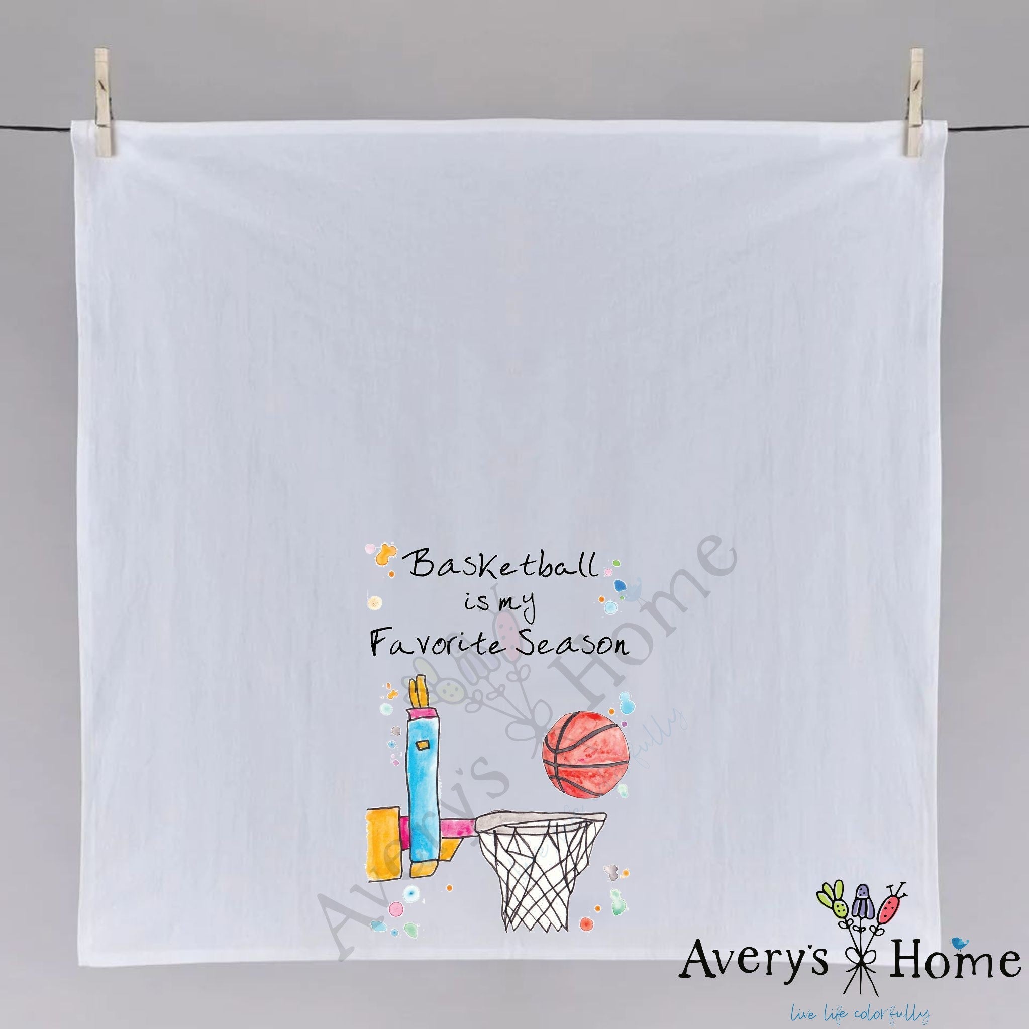 Basketball Season dish towel fully open, 27x27 flour sack cotton