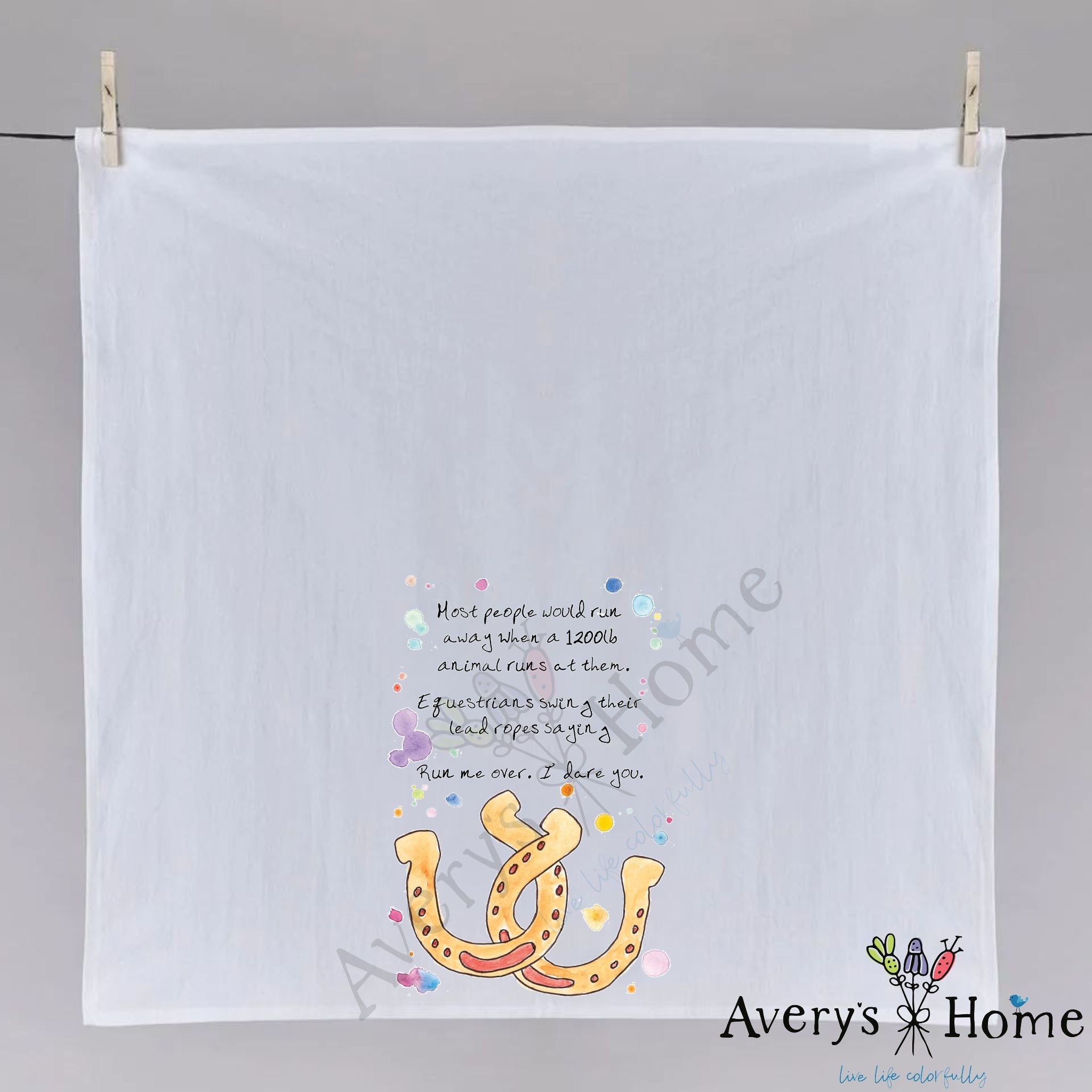 Horseshoes Equestrian dish towel fully open, 27x27 flour sack cotton
