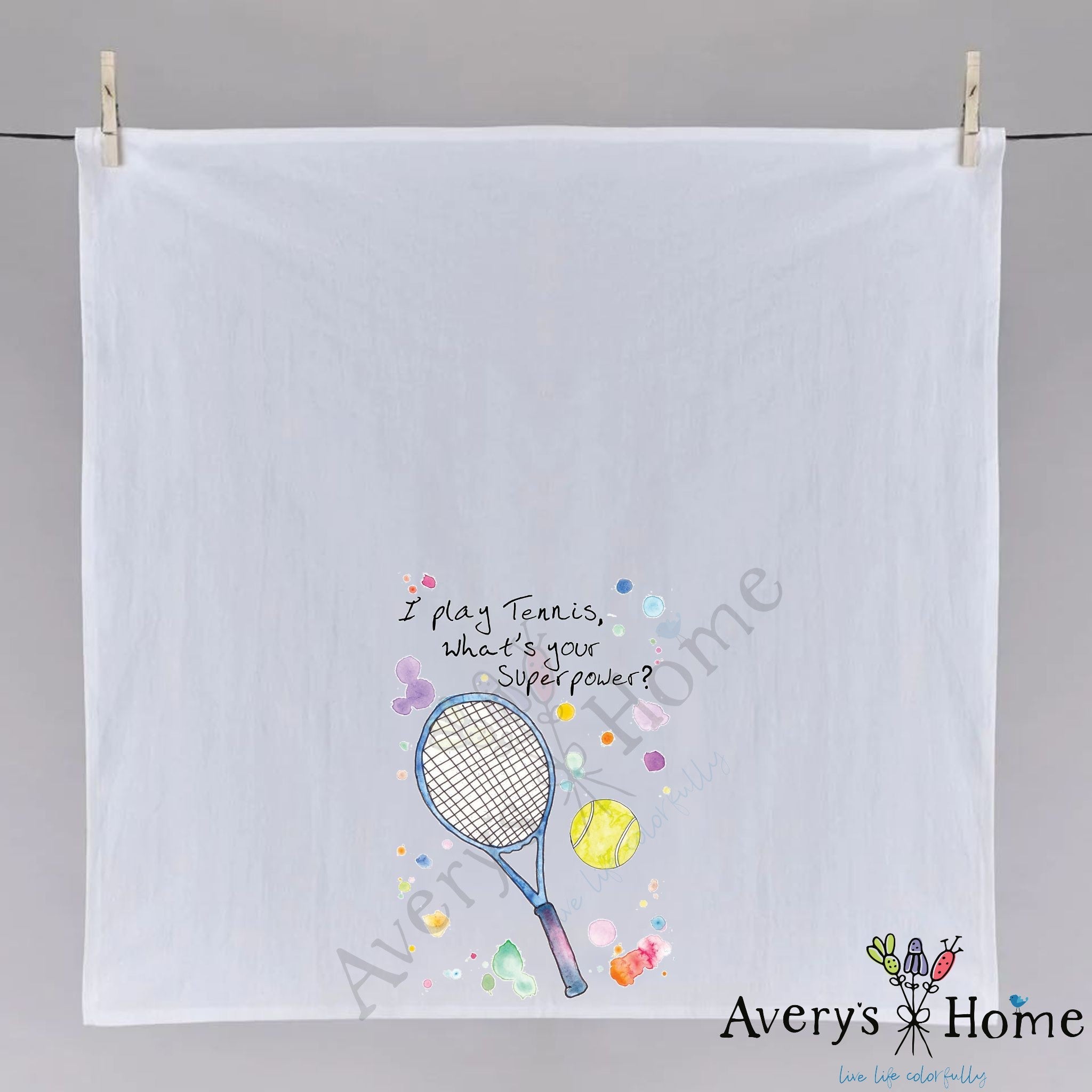 I Play Tennis dish towel fully open, 27x27 flour sack cotton