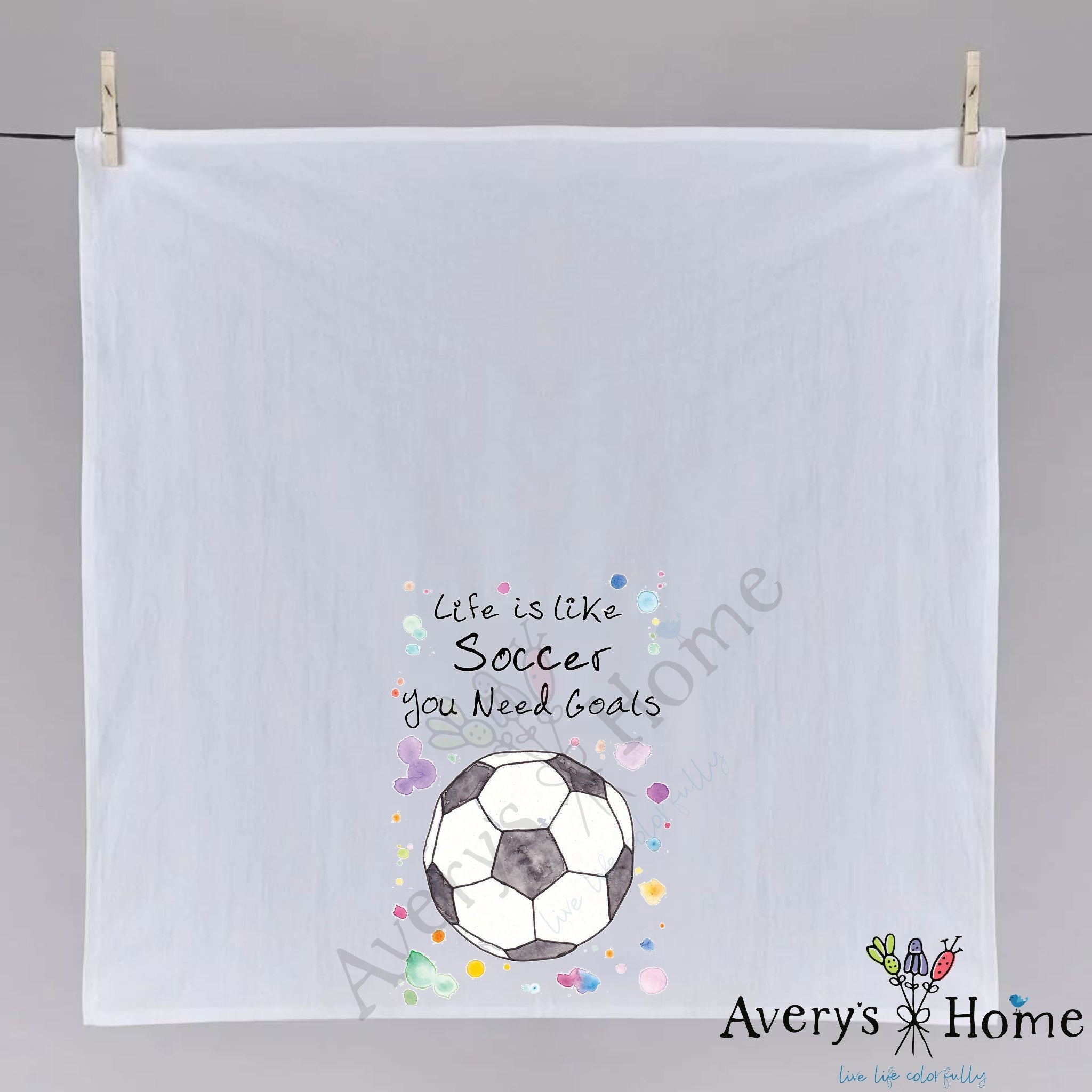 Soccer Life Goals dish towel folded, hemmed on all four sides