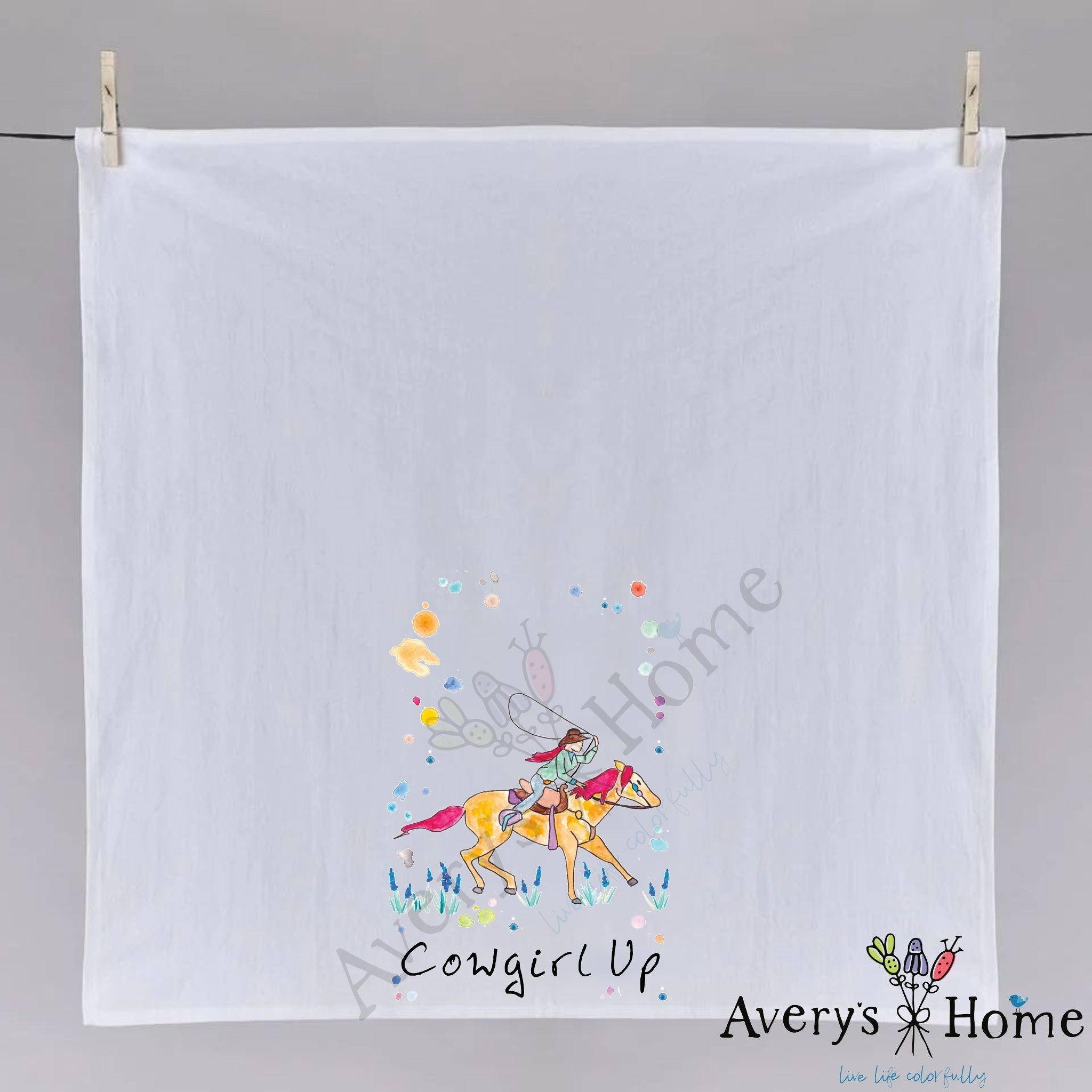 Cowgirl Up dish towel folded, hemmed on all four sides