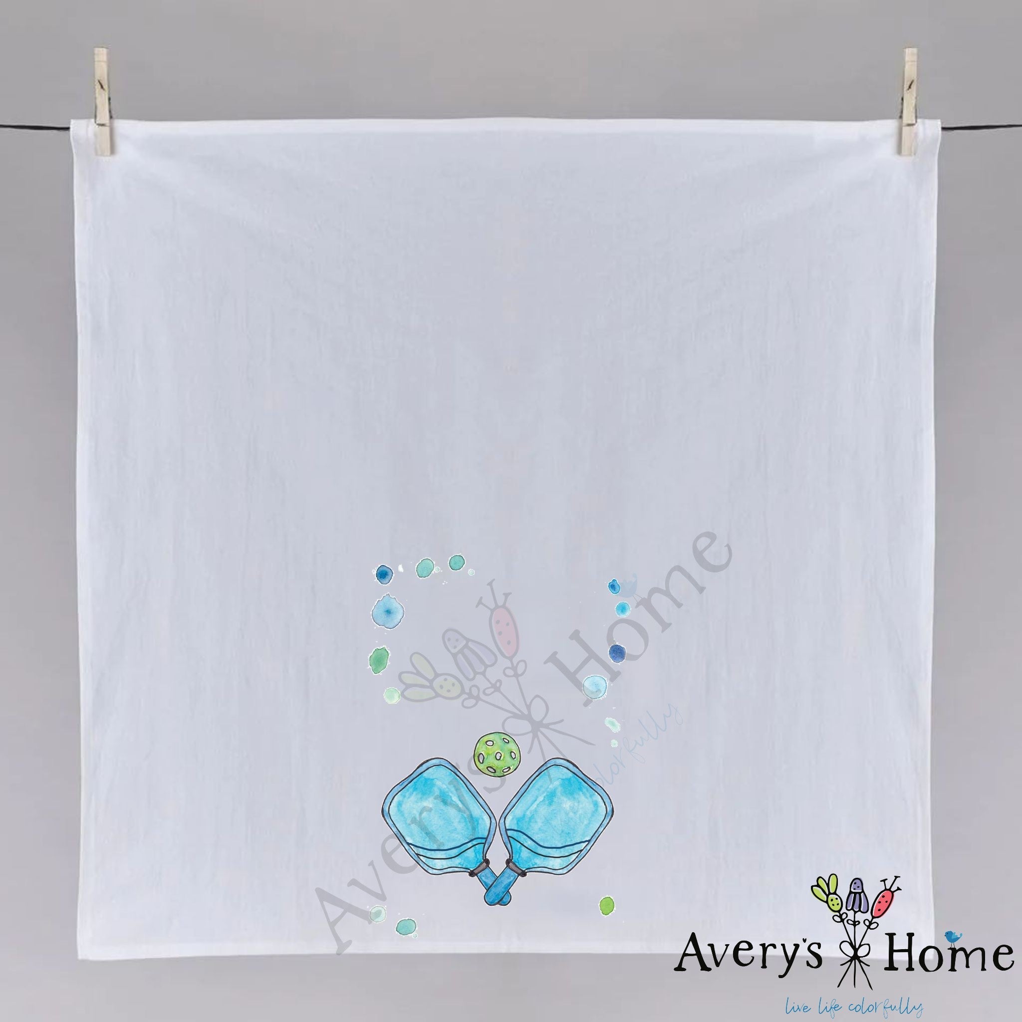 Pickleball Sport dish towel folded, hemmed on all four sides
