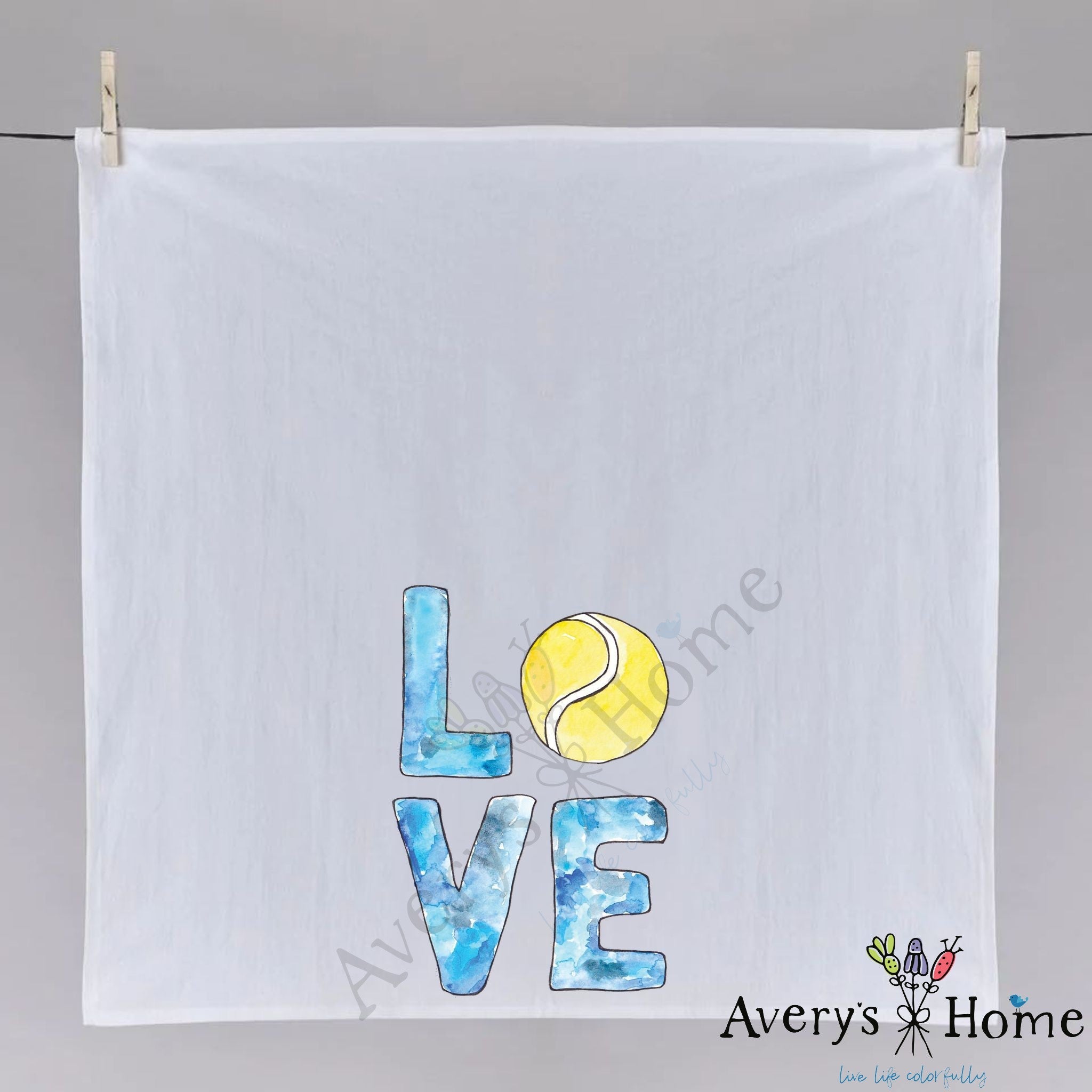 Tennis LOVE dish towel, 27x27 flour sack cotton