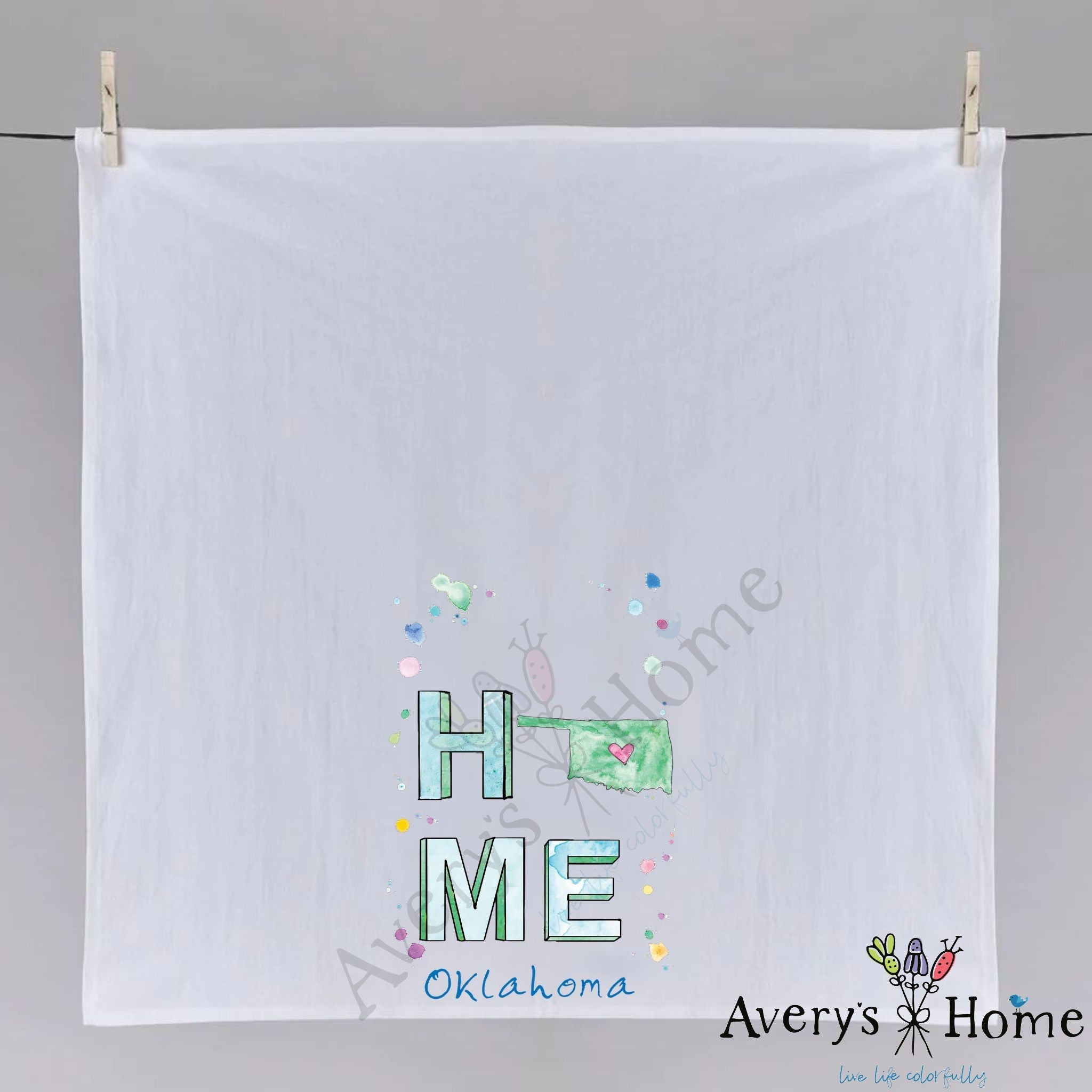 HOME in Oklahoma dish towel fully open, 27x27 flour sack cotton