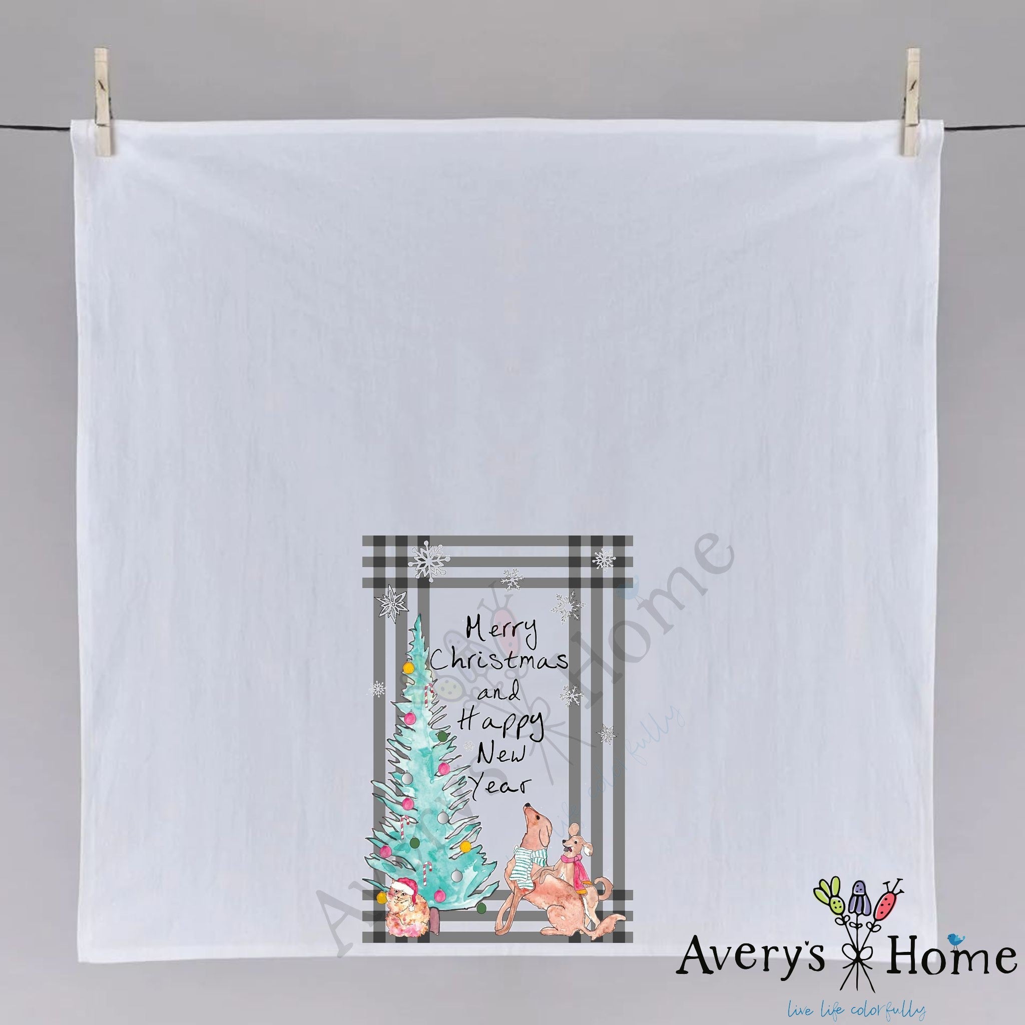 Wishing You a Merry Christmas dish towel hanging in the kitchen