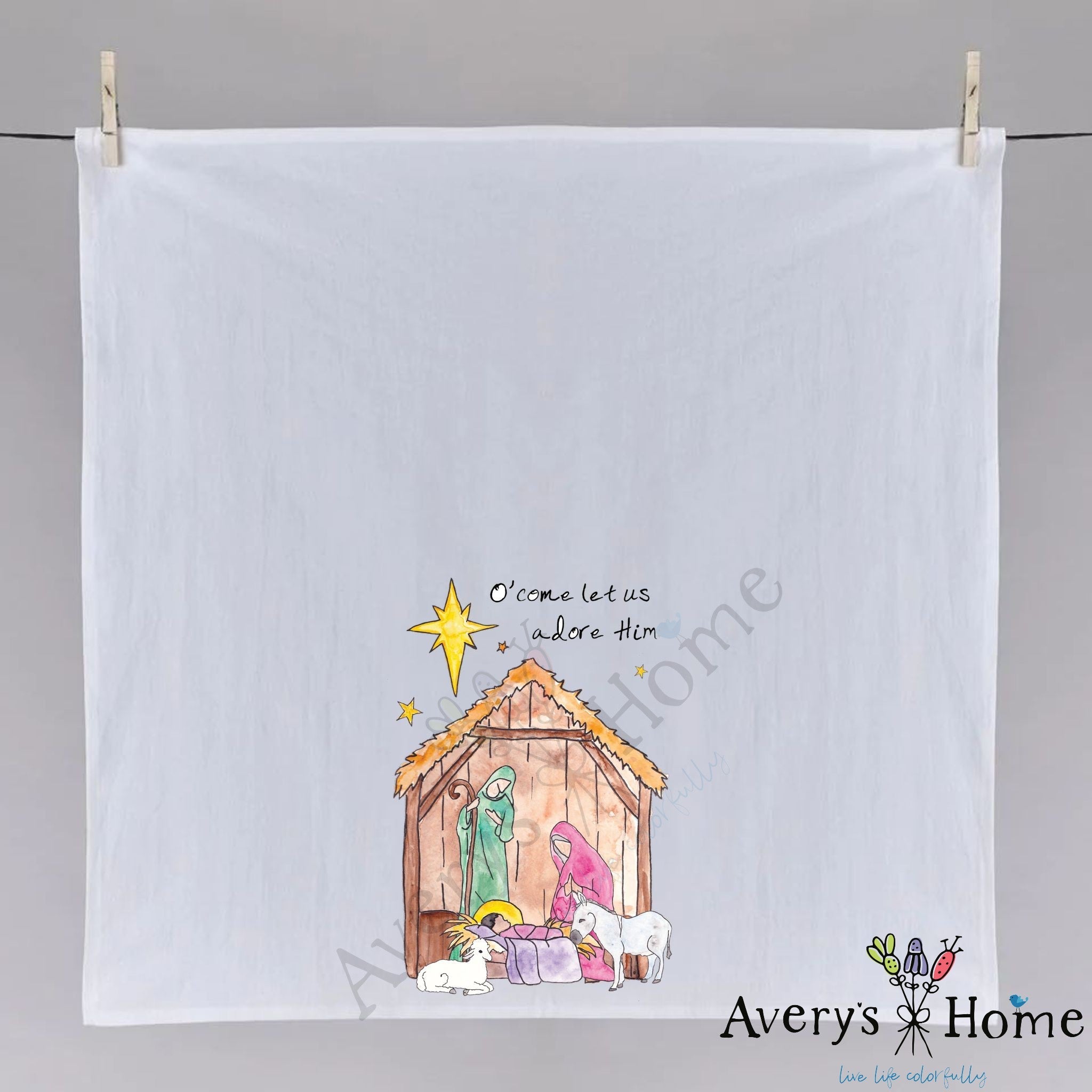 Christmas Nativity dish towel hanging in the kitchen