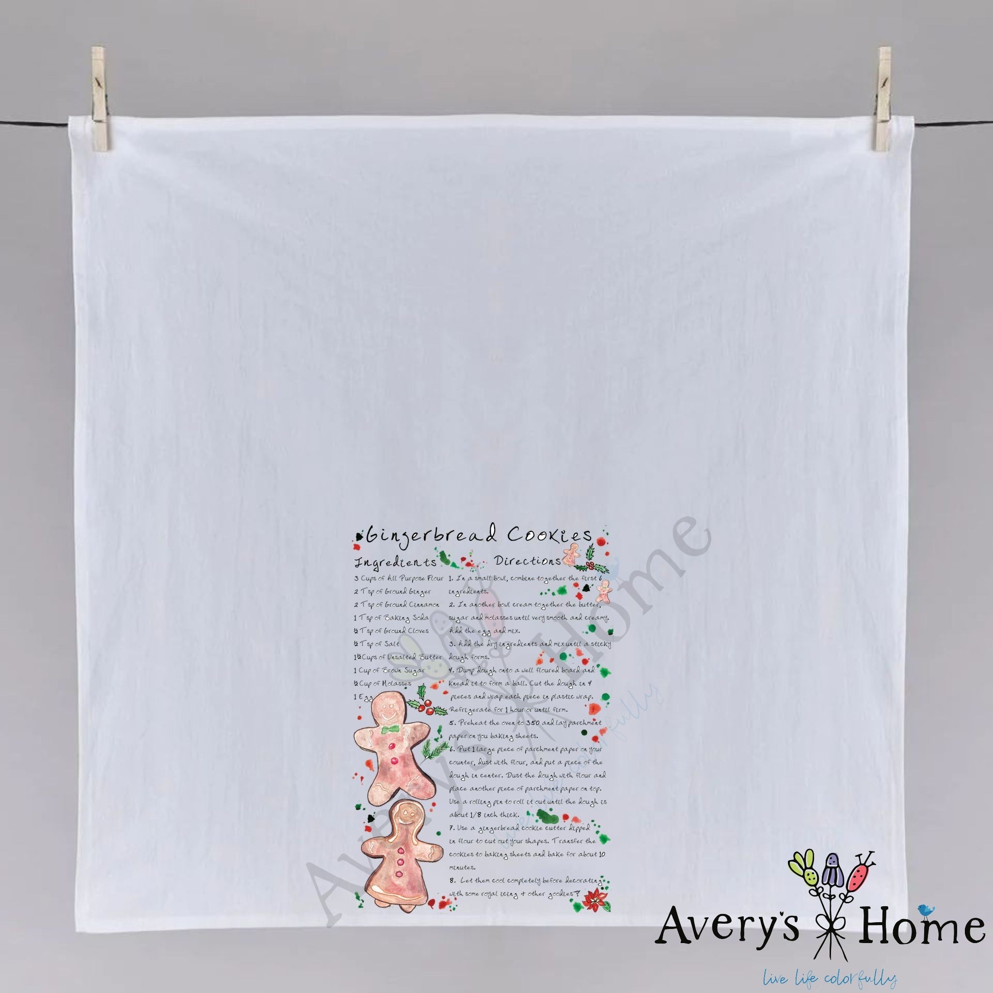Christmas Gingerbread Man Recipe dish towel hanging in the kitchen