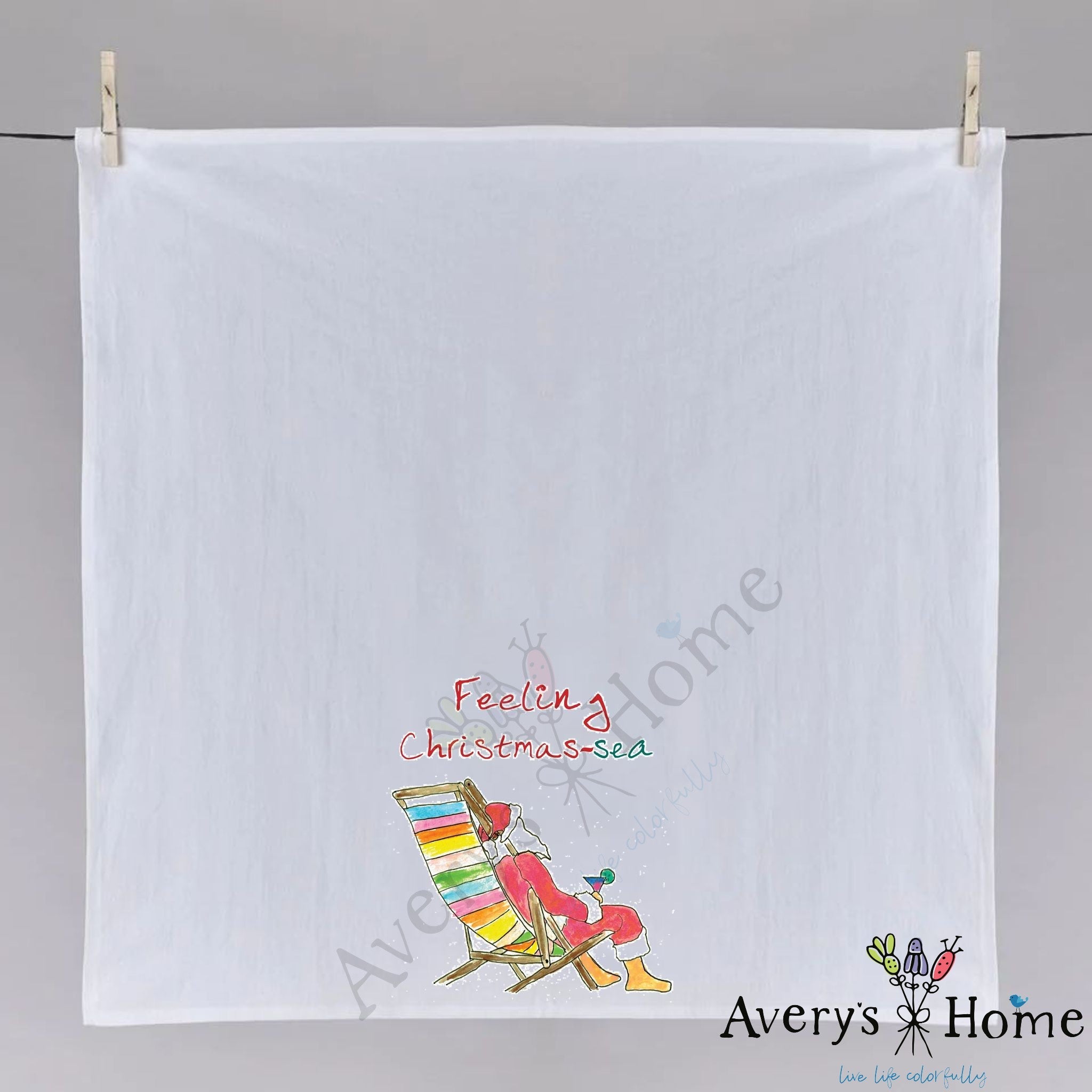 Feeling Christmas-Sea dish towel hanging in the kitchen