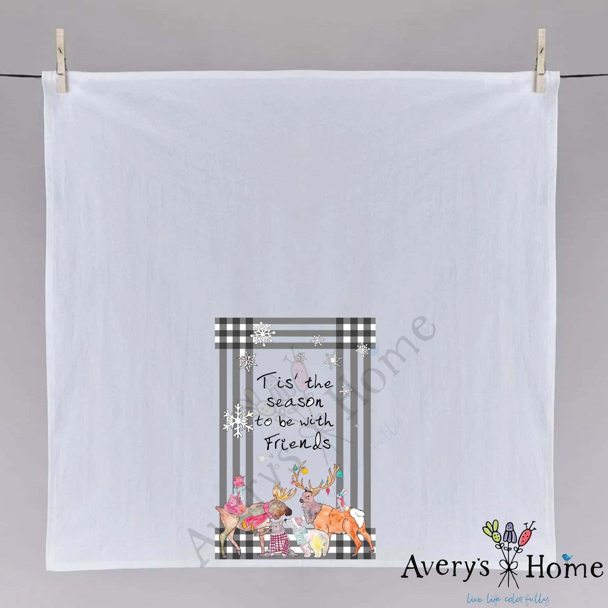 Tis' the Season to Be with Friends dish towel hanging in the kitchen