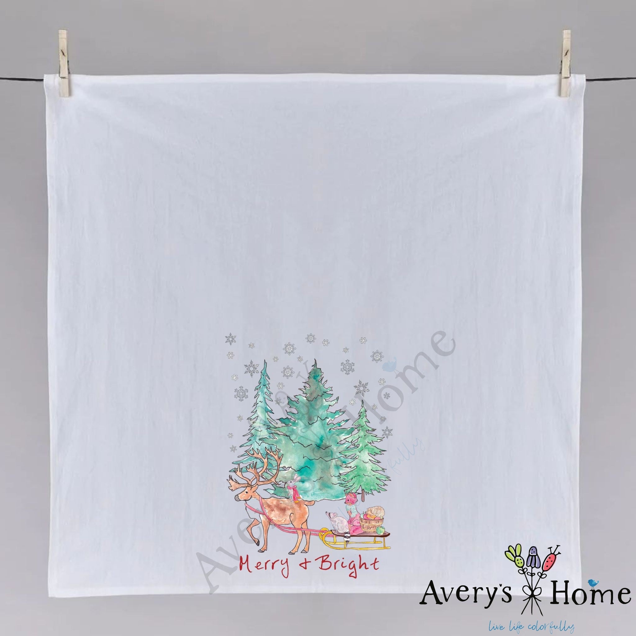 Merry and Bright Sleigh Ride dish towel folded, hemmed on all four sides
