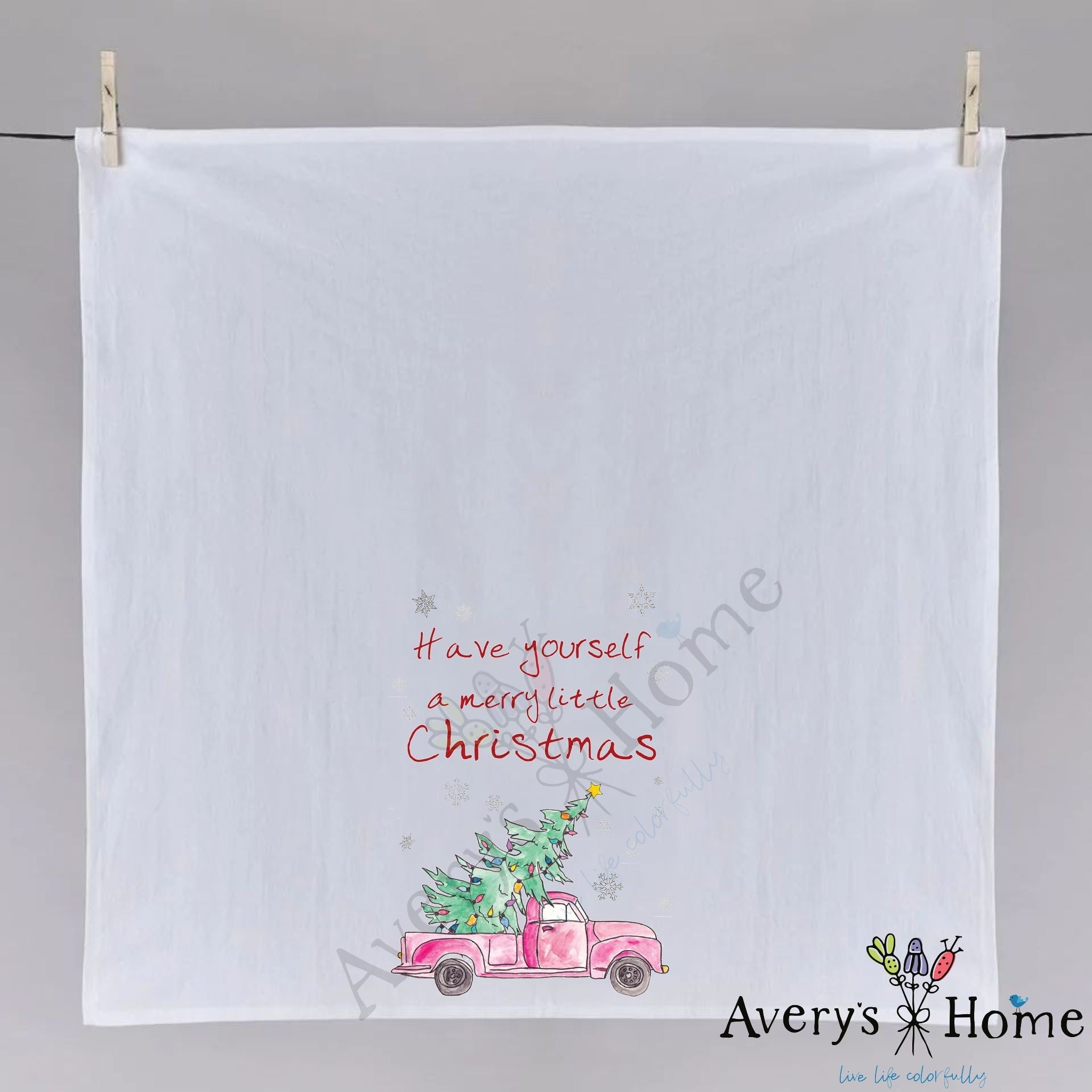 Truck and Christmas Tree dish towel, 27x27 flour sack cotton