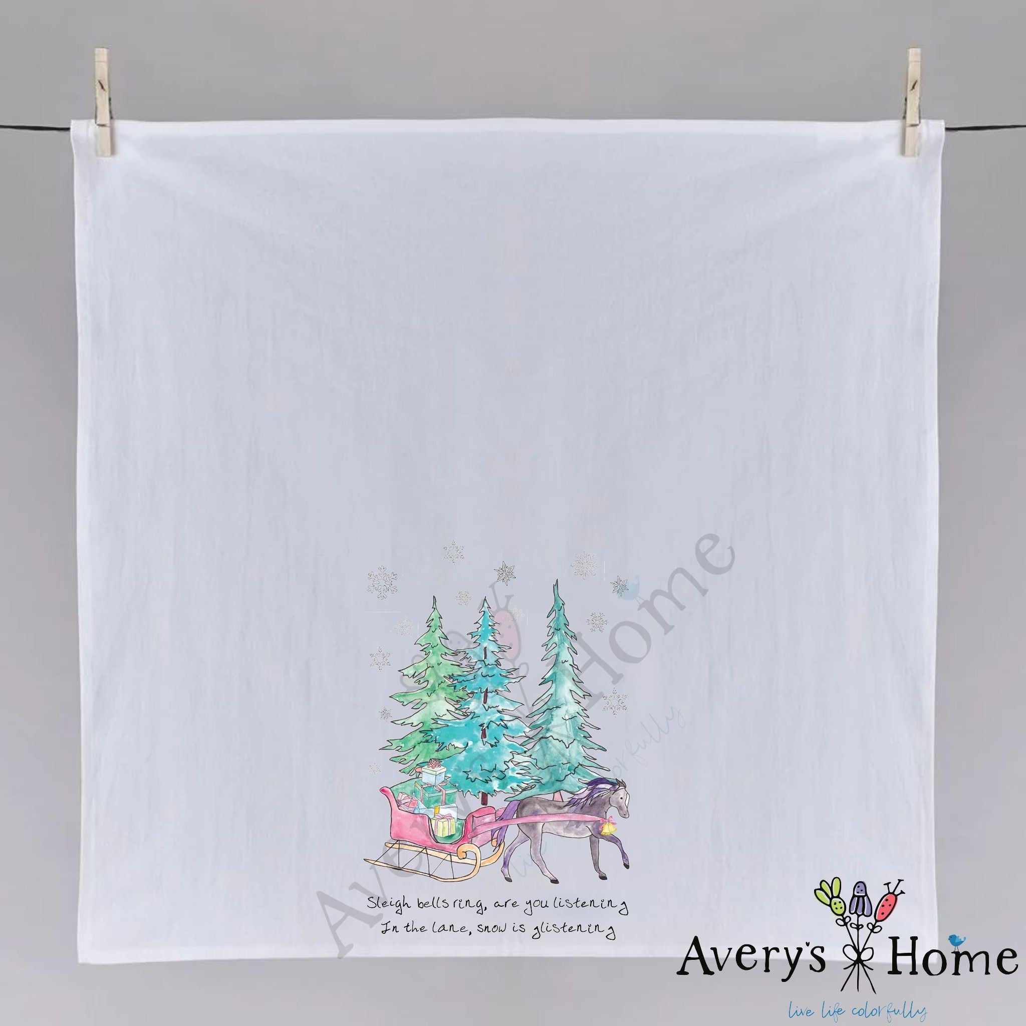 Christmas Horse and Sleigh Ride dish towel folded, hemmed on all four sides