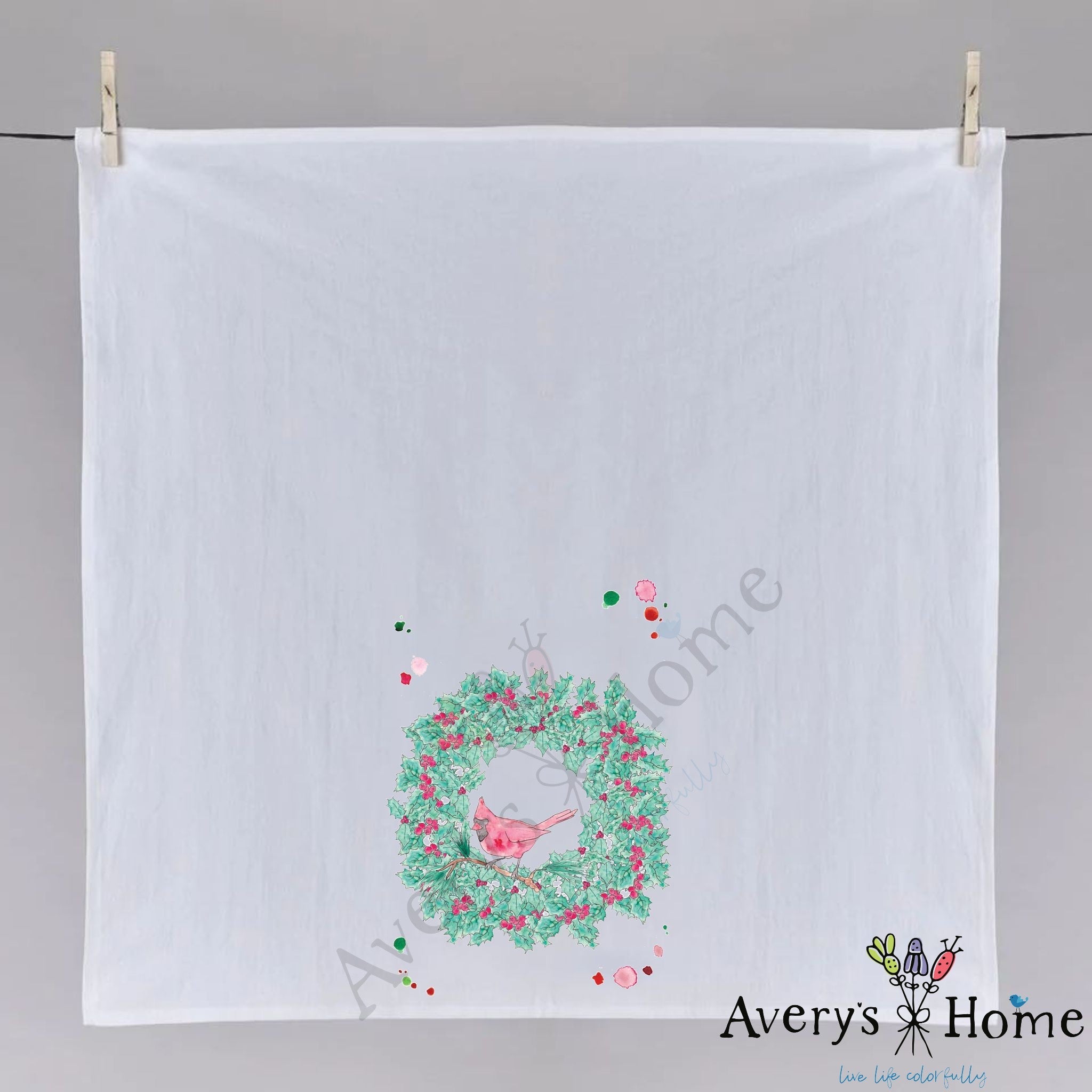 Cardinal Christmas Wreath dish towel folded, hemmed on all four sides