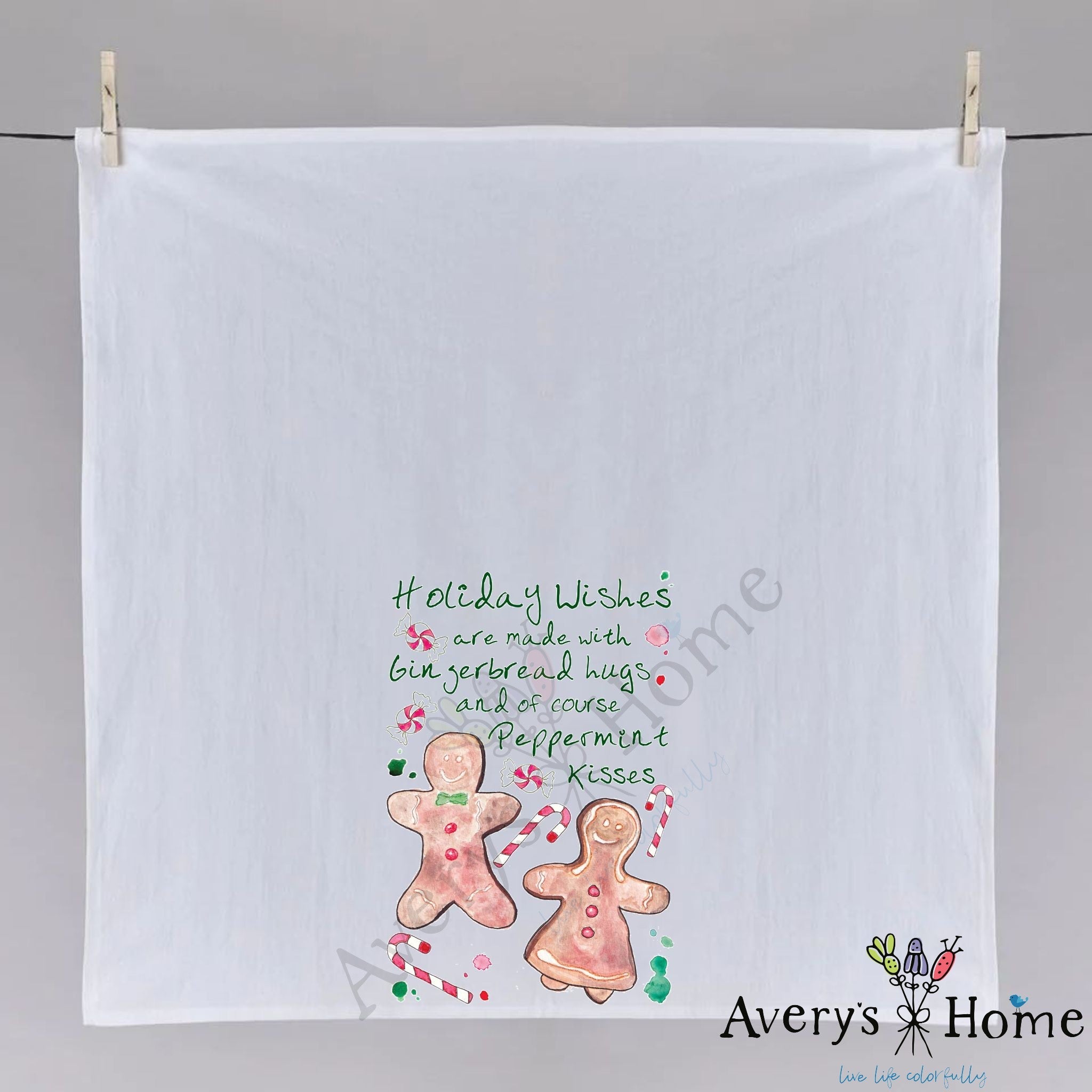 Christmas Peppermint Kisses dish towel fully open, 27x27 flour sack cotton