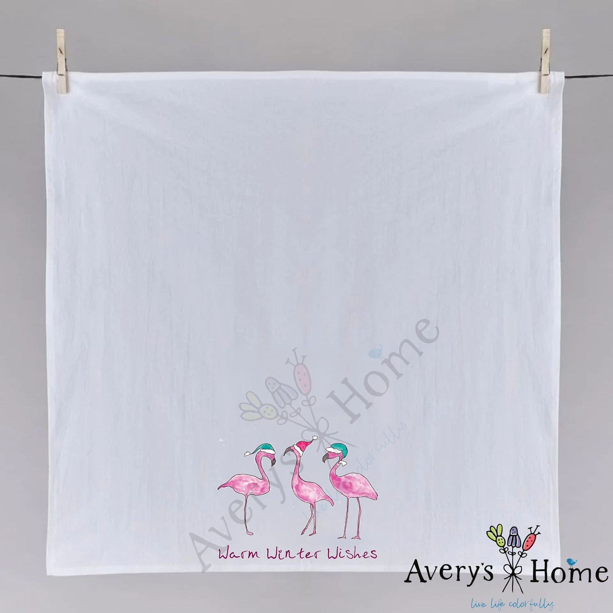 Flamingo's Warm Winter Wishes dish towel fully open, 27x27 flour sack cotton