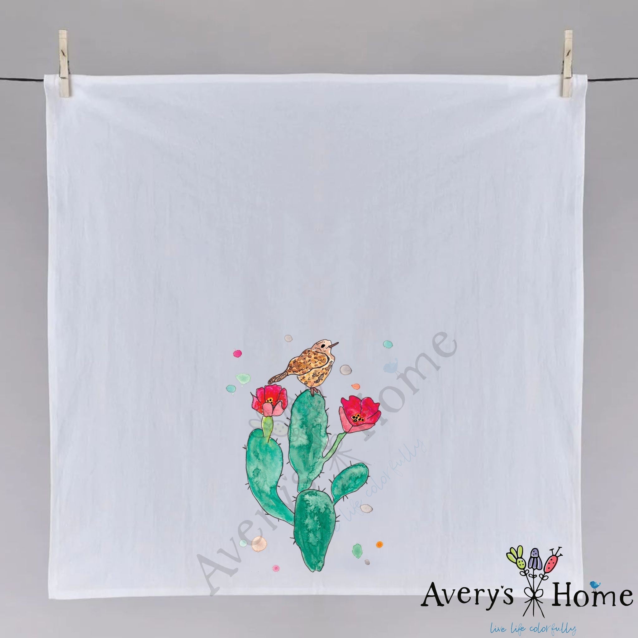 Flowering Cactus dish towel folded, hemmed on all four sides