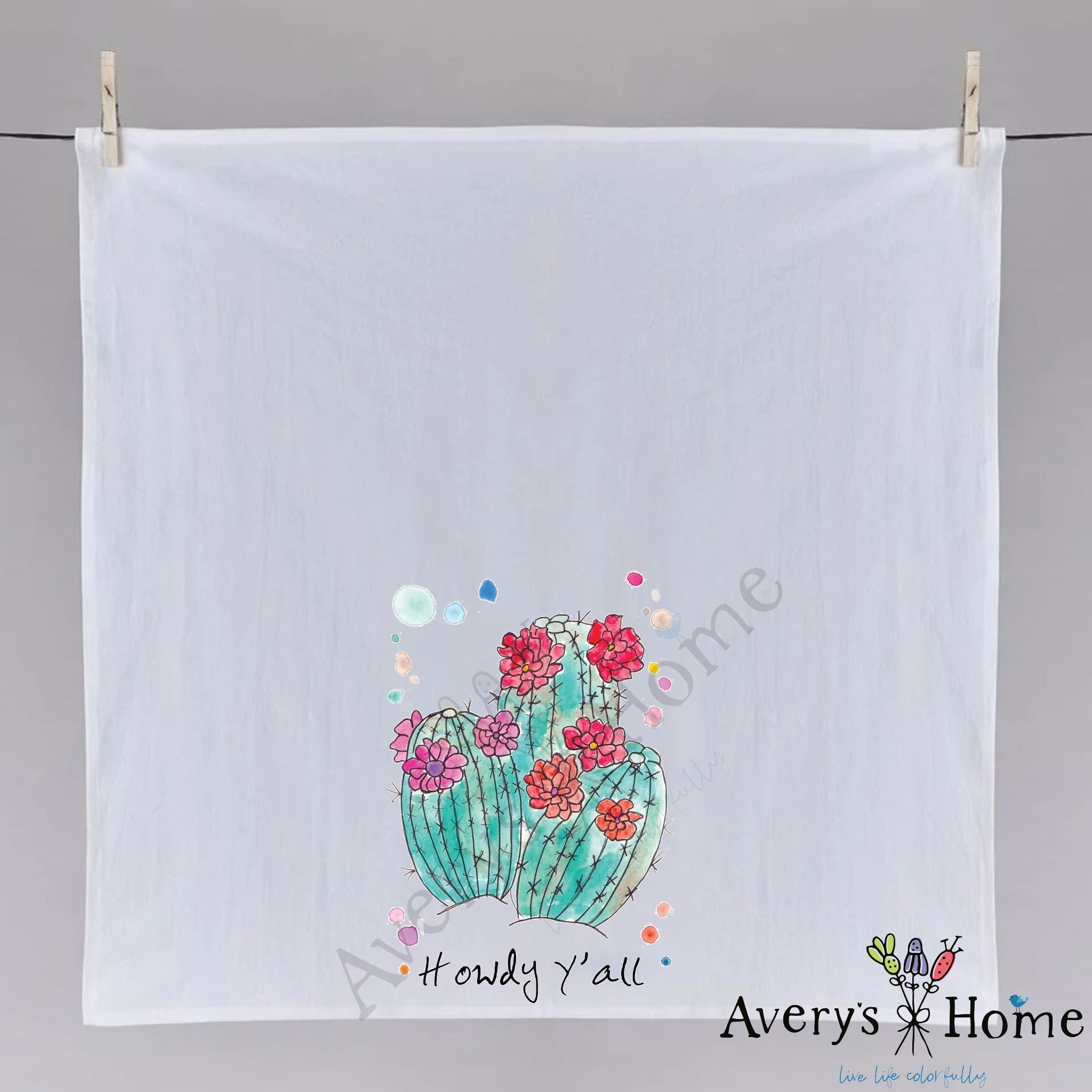 Howdy Y'all Cactus dish towel fully open, 27x27 flour sack cotton
