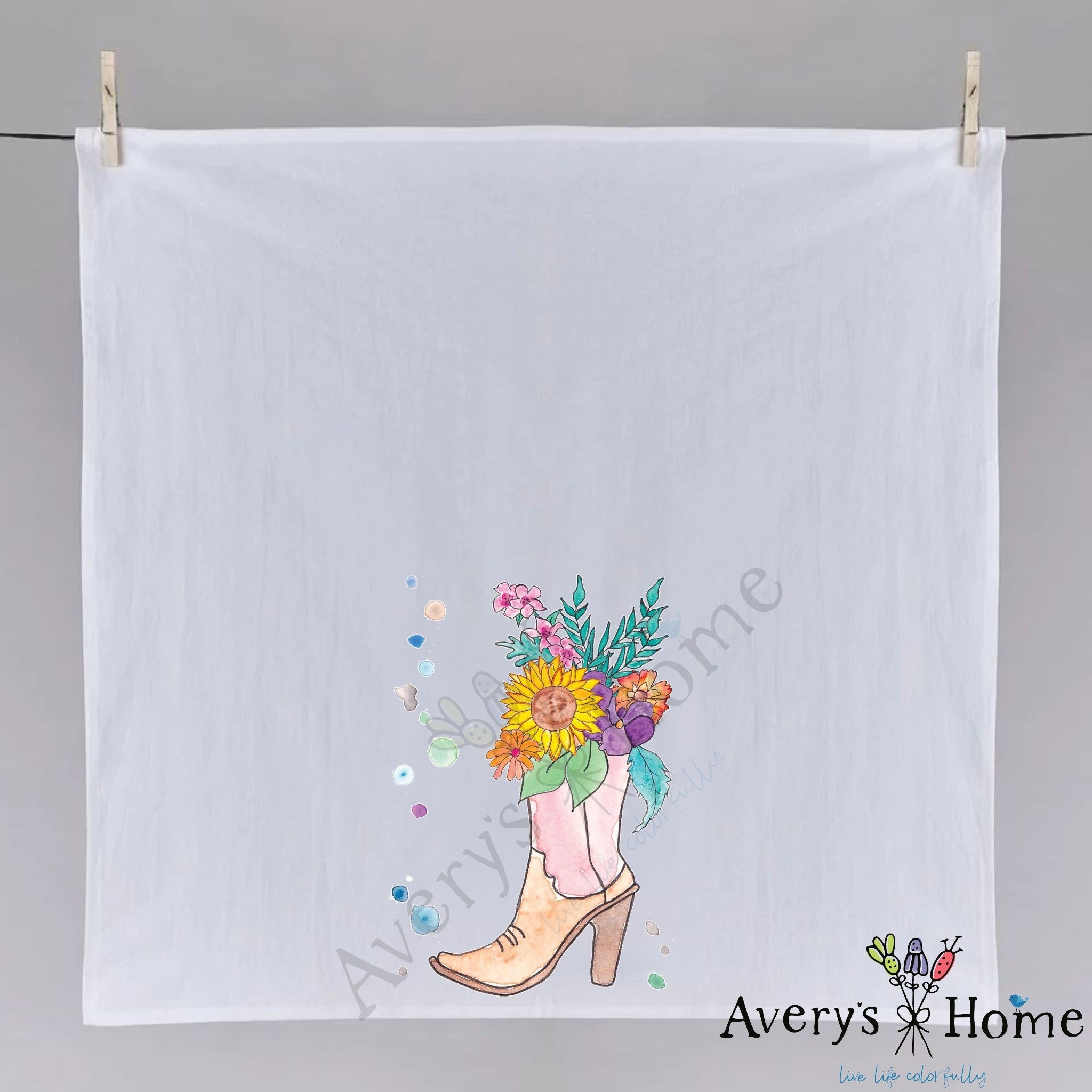 Red Cowgirl Boots and Flowers dish towel folded, hemmed on all four sides