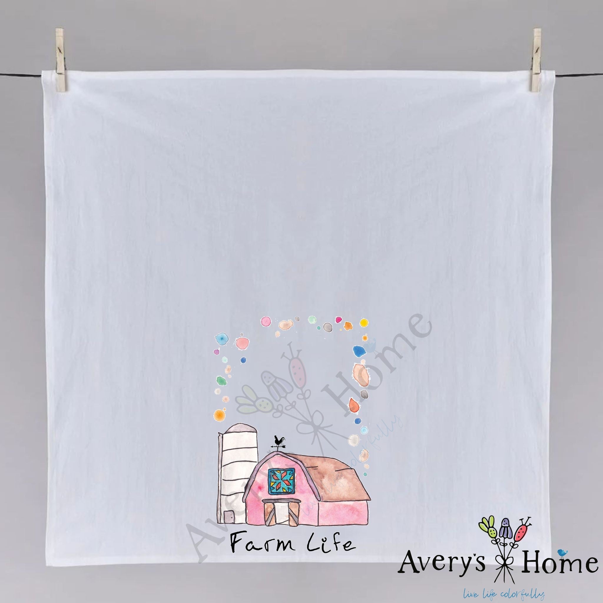 Farm Life dish towel fully open, 27x27 flour sack cotton