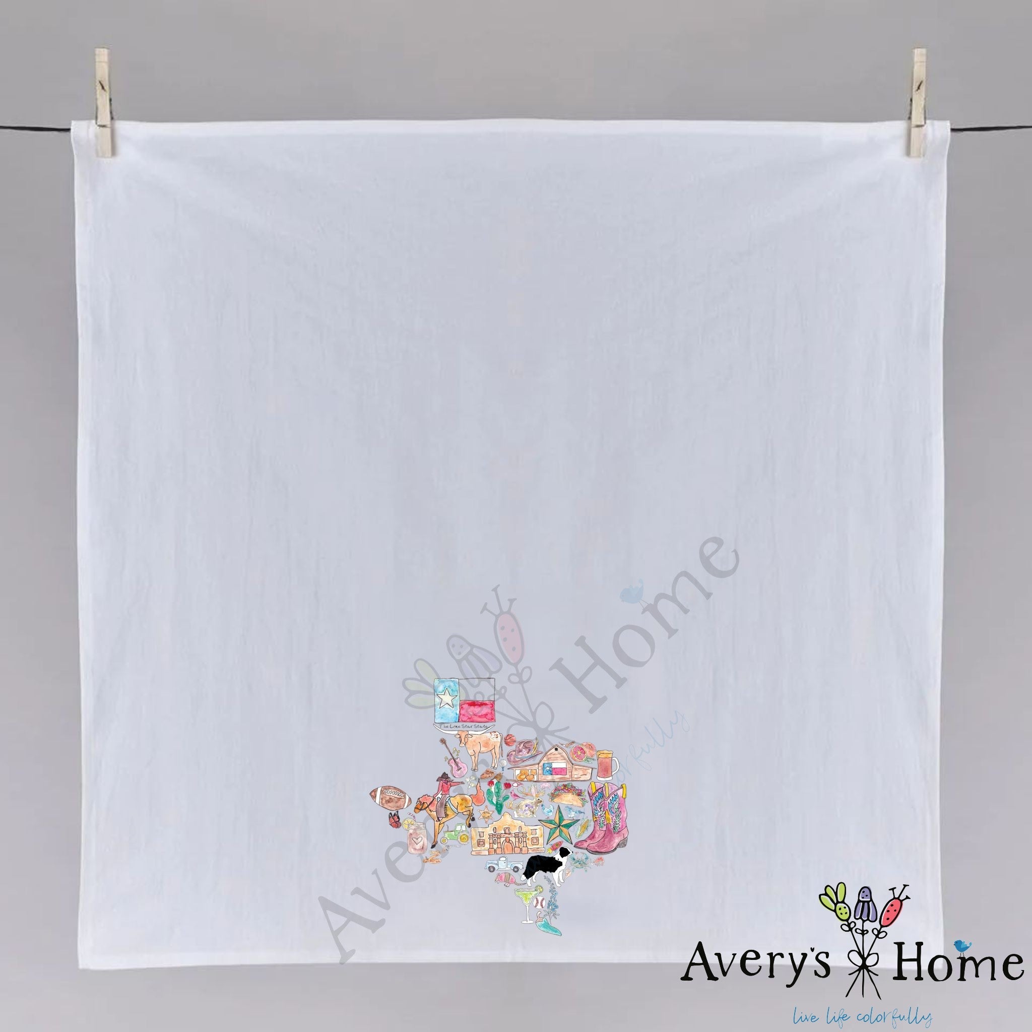 Texas State Icons dish towel folded, hemmed on all four sides