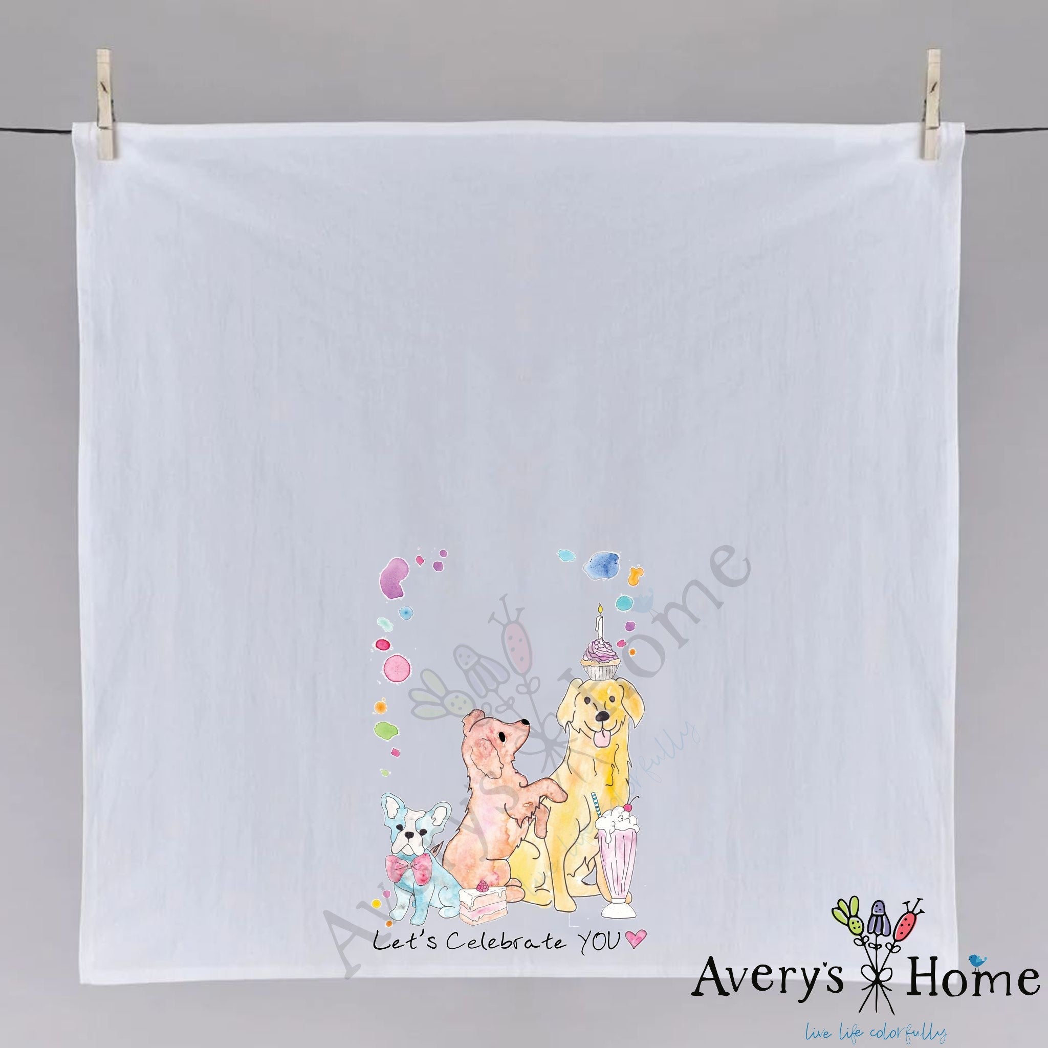 Celebrate Your Birthday dish towel hanging in the kitchen