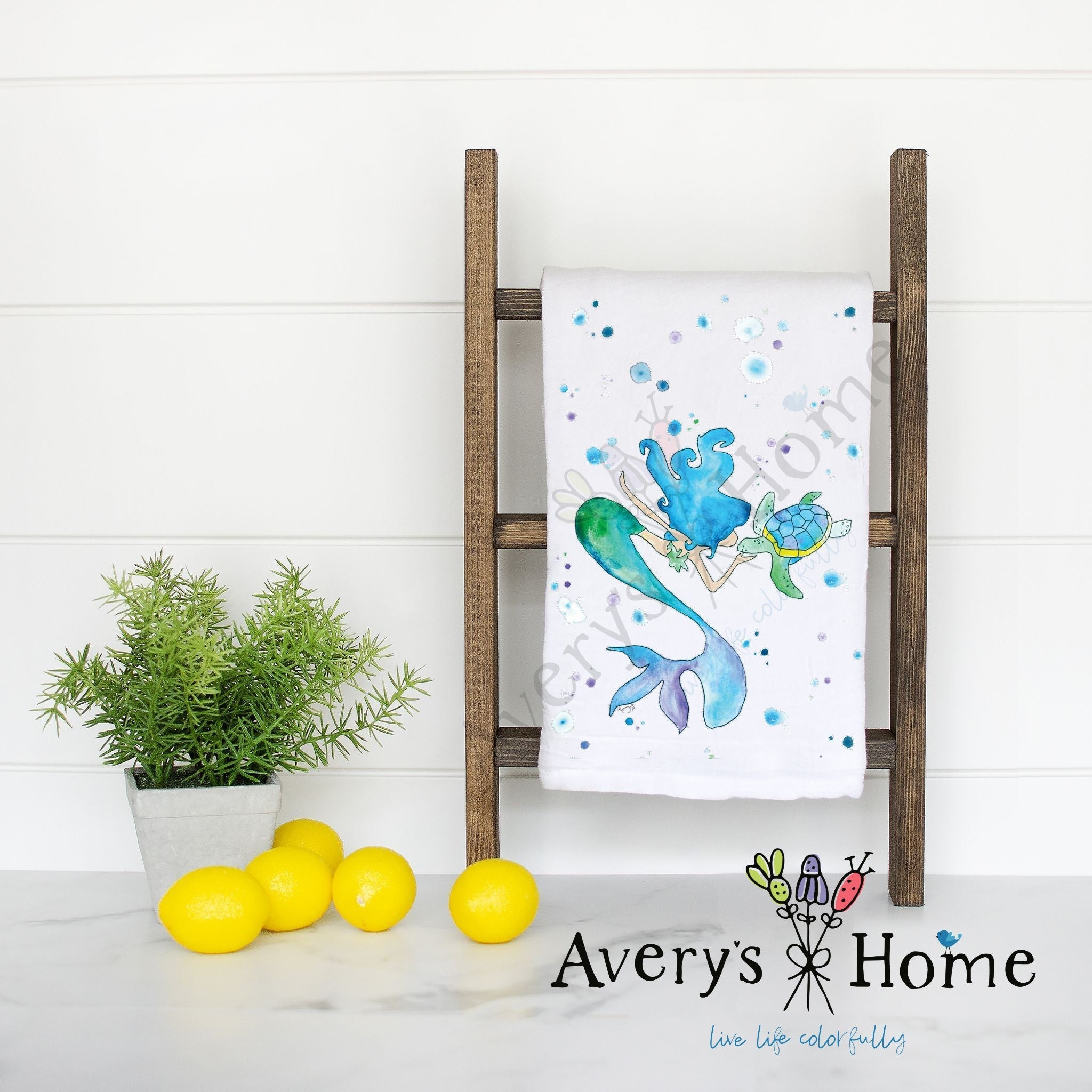 Mermaid and Turtle flour sack dish towel, art by Avery Jackson