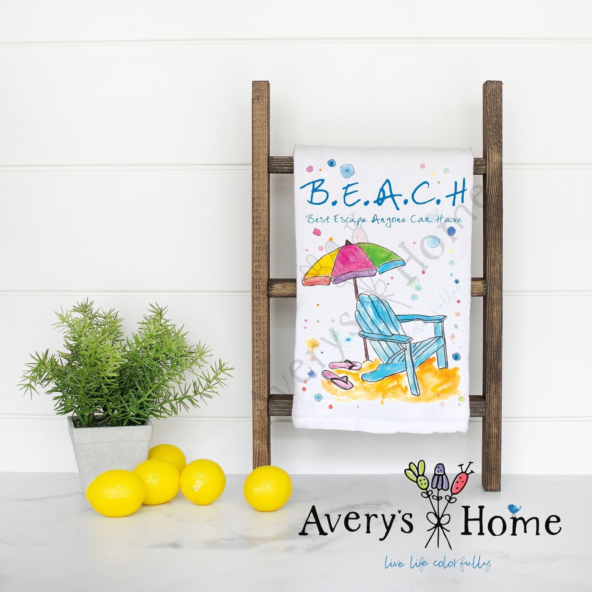 Beach Vacation flour sack dish towel, art by Avery Jackson